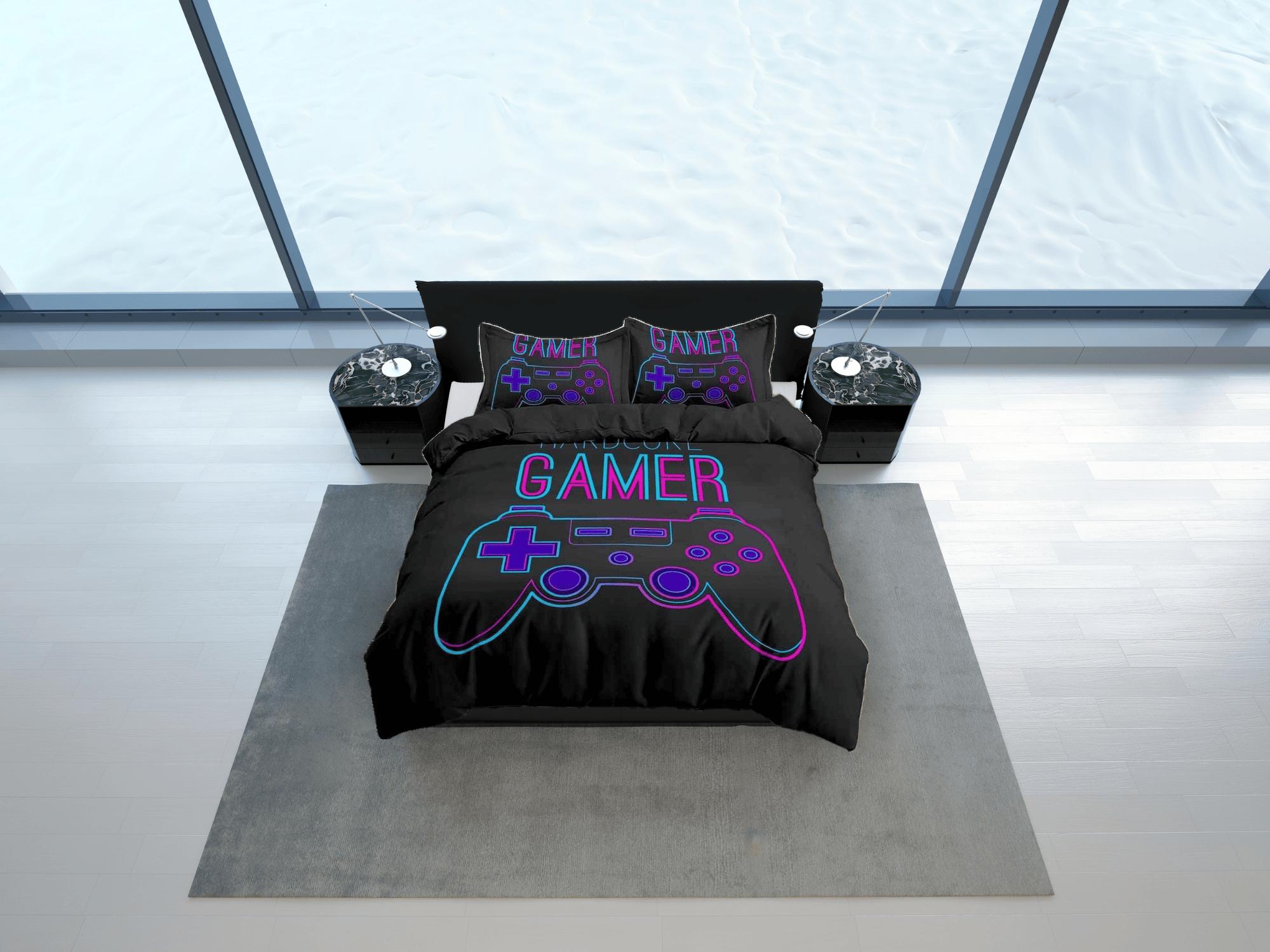 daintyduvet Hardcore gamer neon bedding black duvet cover, video gamer boyfriend gift bedding set full king queen, boys bedroom college dorm bedding