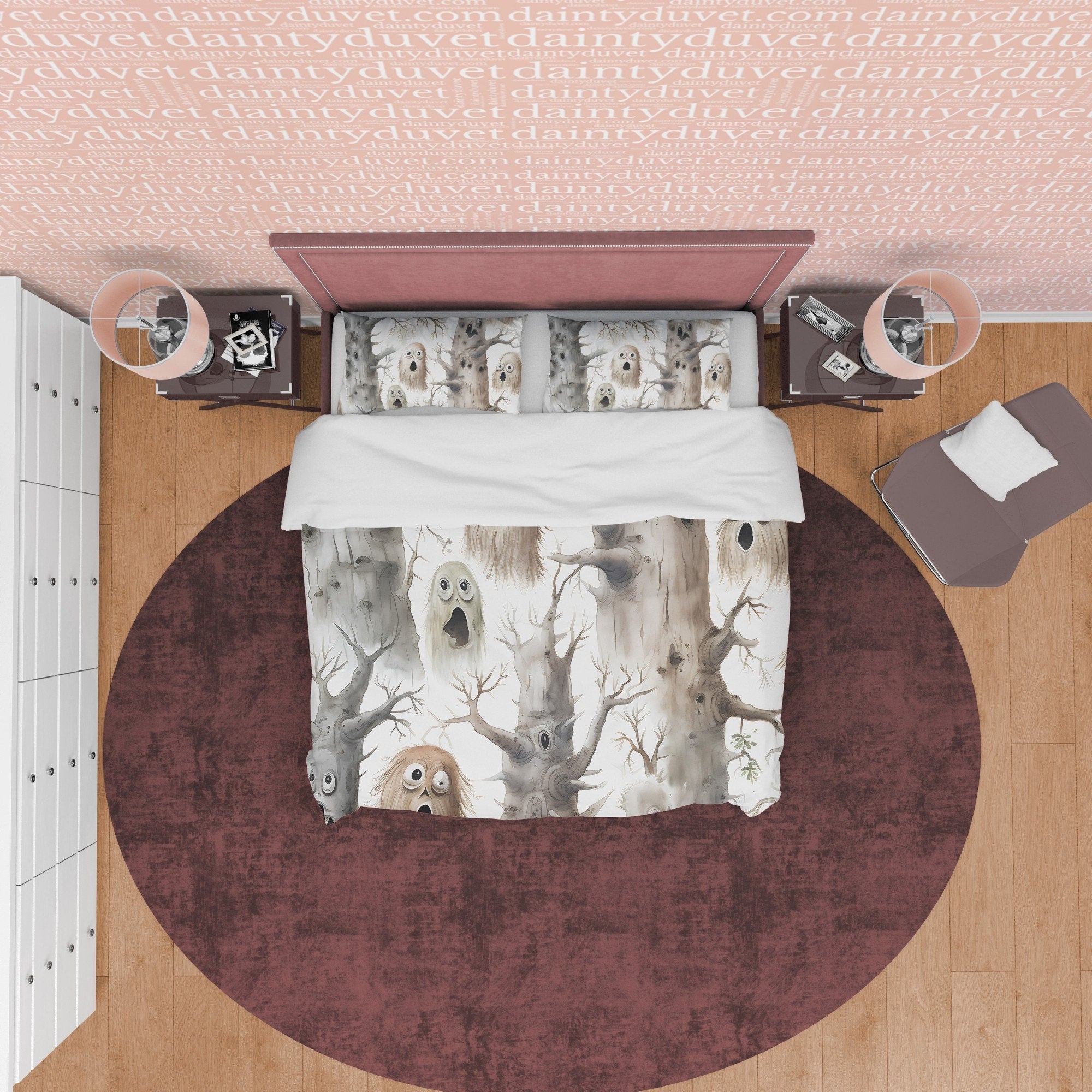 Haunted Forest Duvet Cover Set, Scary Tree Ghost Blanket Cover Aesthetic Zipper Bedding, Halloween Room Decor, White Spooky Print Bed Set