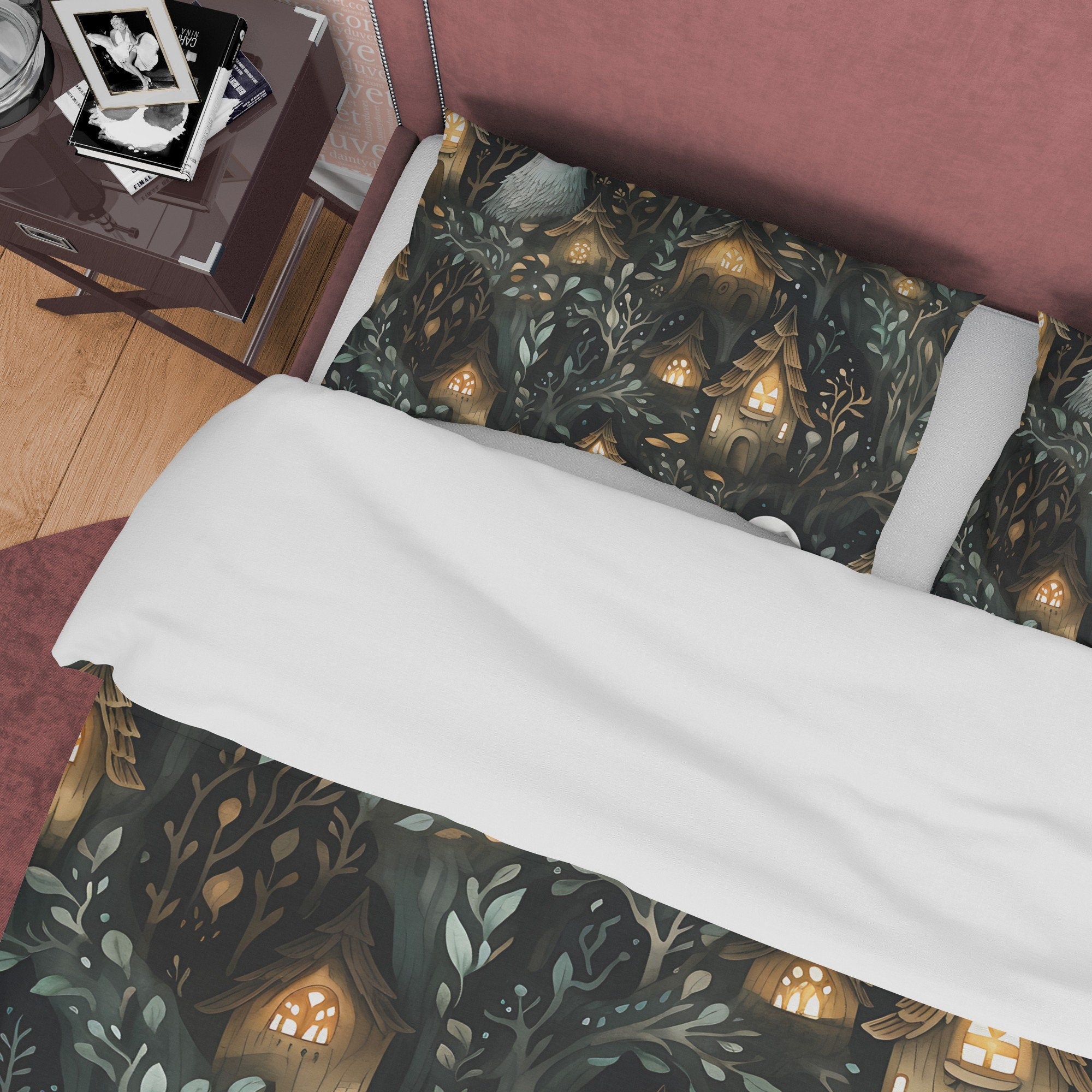 Haunted House Toddler Room Duvet Cover Set, Midnight Ghost Quilt Cover Aesthetic Zipper Bedding, Halloween Room Decor, Scary Forest Bedding