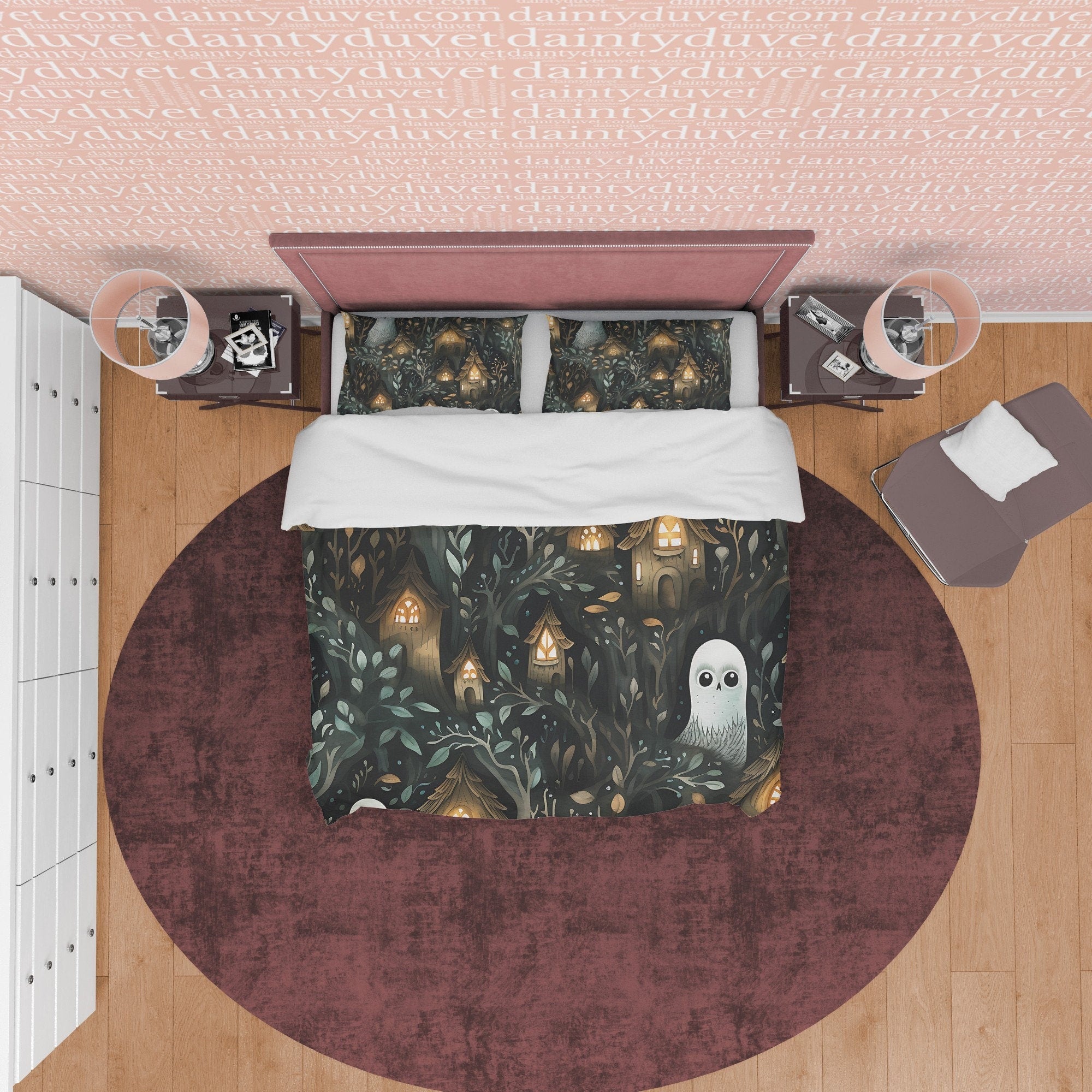 Haunted House Toddler Room Duvet Cover Set, Midnight Ghost Quilt Cover Aesthetic Zipper Bedding, Halloween Room Decor, Scary Forest Bedding