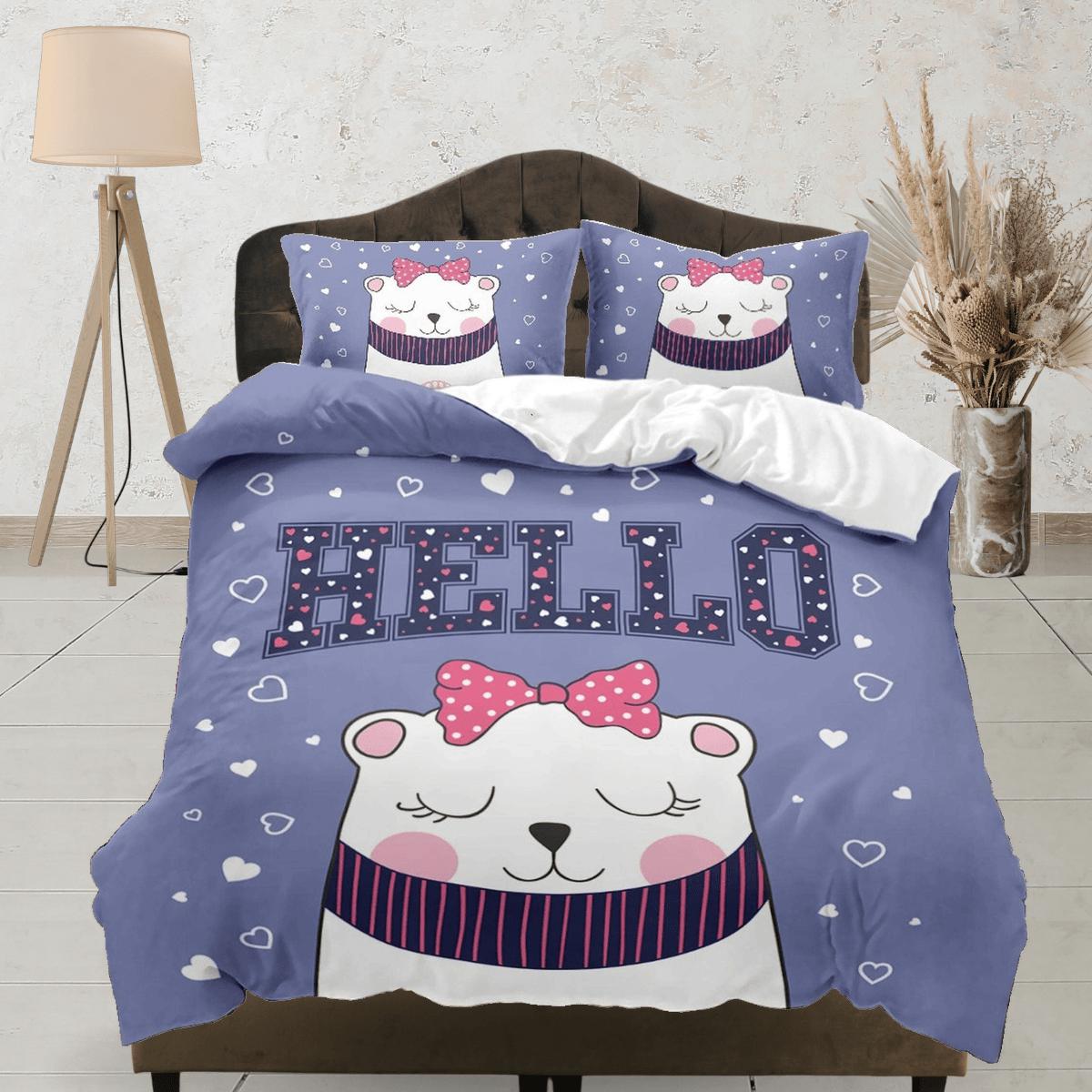 daintyduvet Hello cat bedding purple, toddler bedding, kids duvet cover set, gift for cat lovers, baby bedding, baby shower gift, white cat