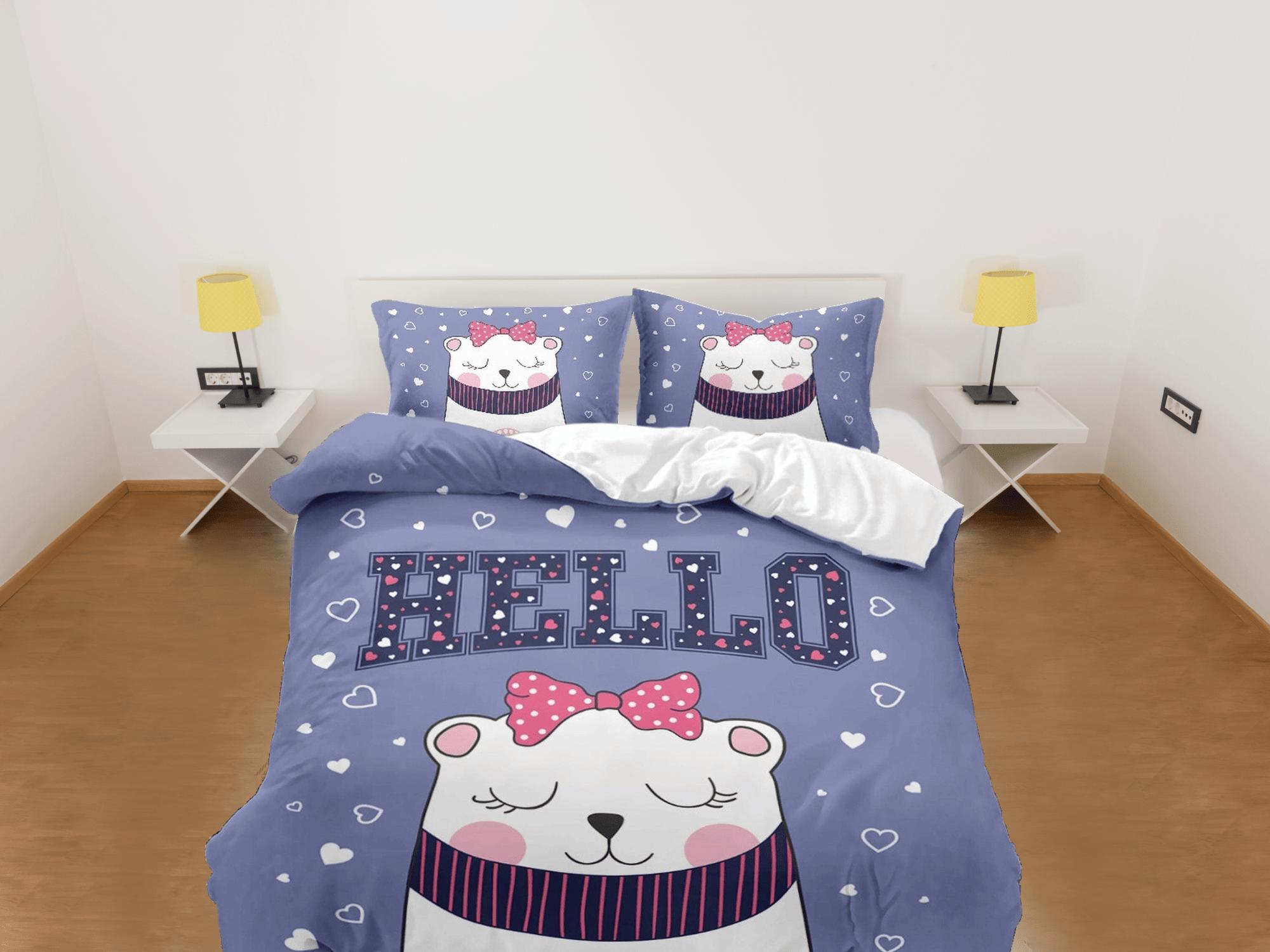 daintyduvet Hello cat bedding purple, toddler bedding, kids duvet cover set, gift for cat lovers, baby bedding, baby shower gift, white cat