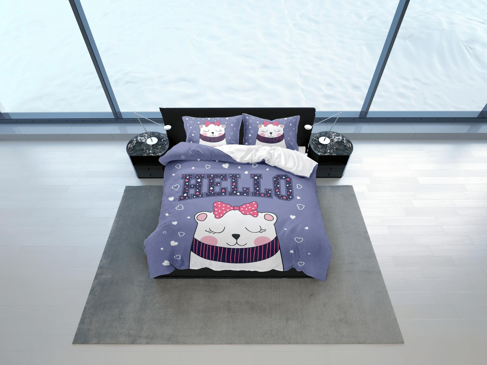 daintyduvet Hello cat bedding purple, toddler bedding, kids duvet cover set, gift for cat lovers, baby bedding, baby shower gift, white cat