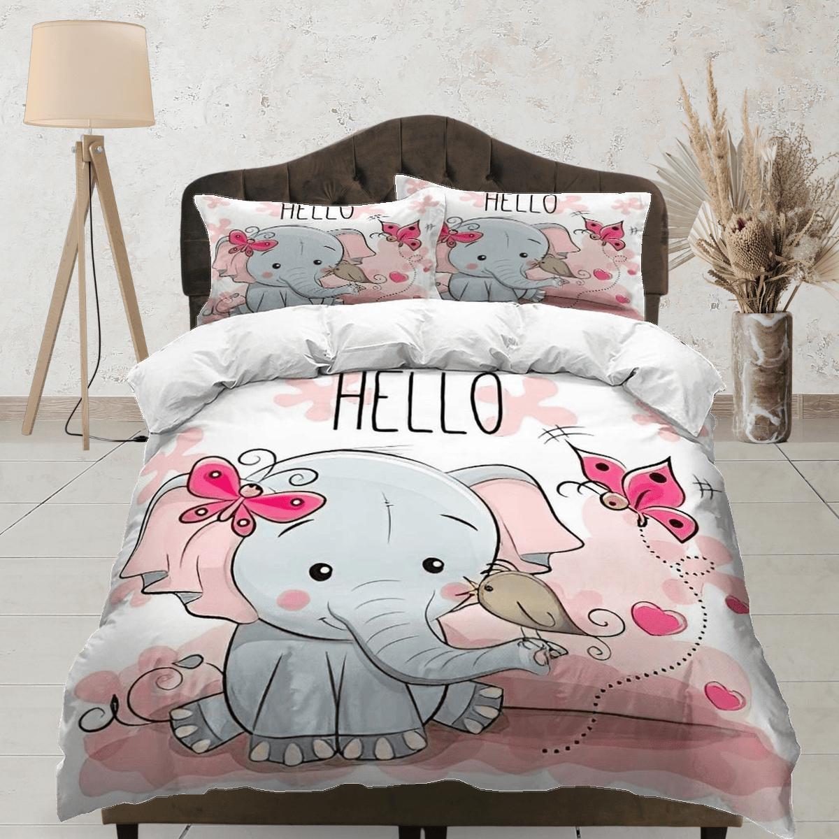 daintyduvet Hello elephant bedding cute duvet cover set, kids bedding full, nursery bed decor, elephant baby shower, girl toddler bedding