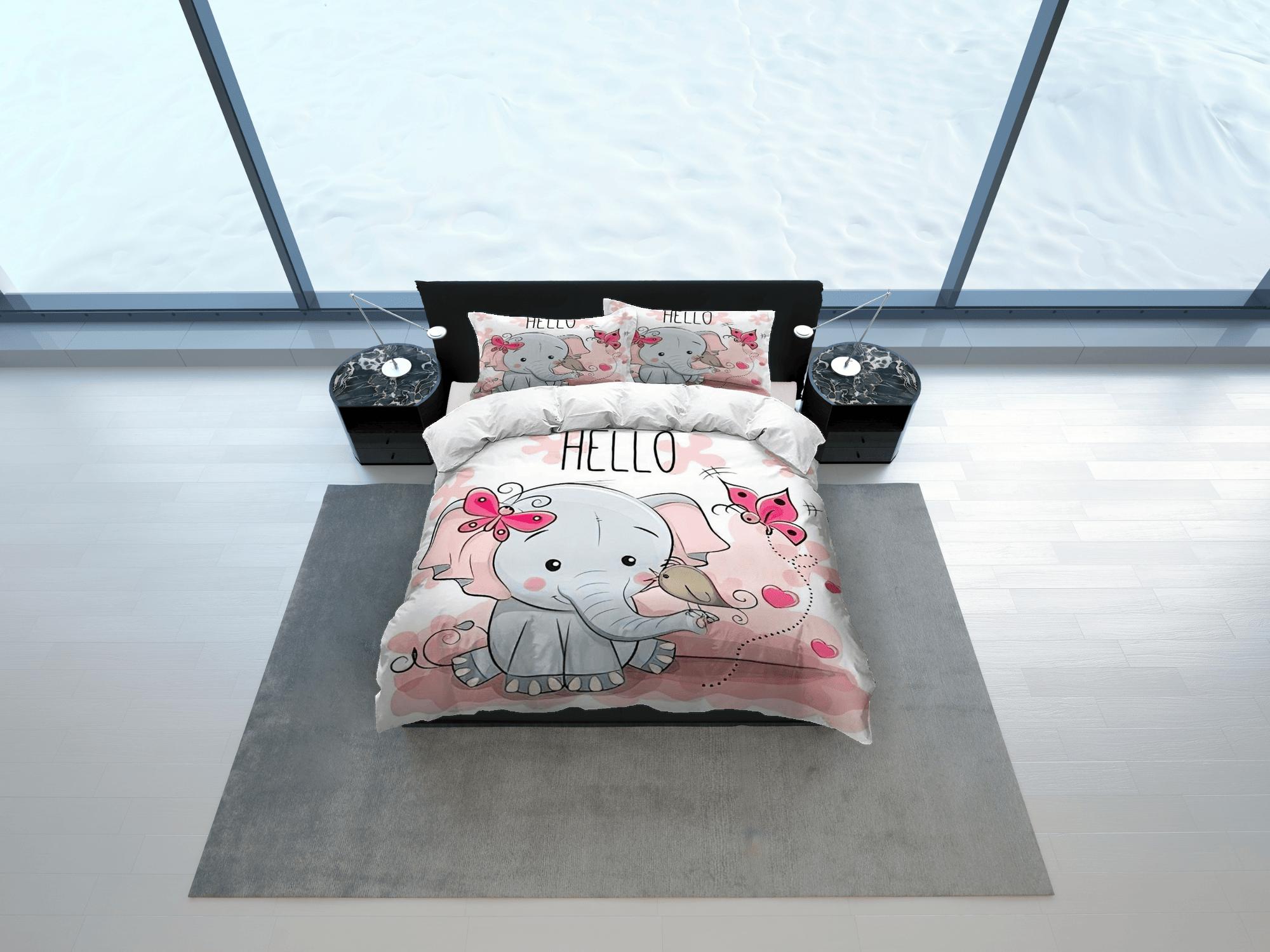 daintyduvet Hello elephant bedding cute duvet cover set, kids bedding full, nursery bed decor, elephant baby shower, girl toddler bedding