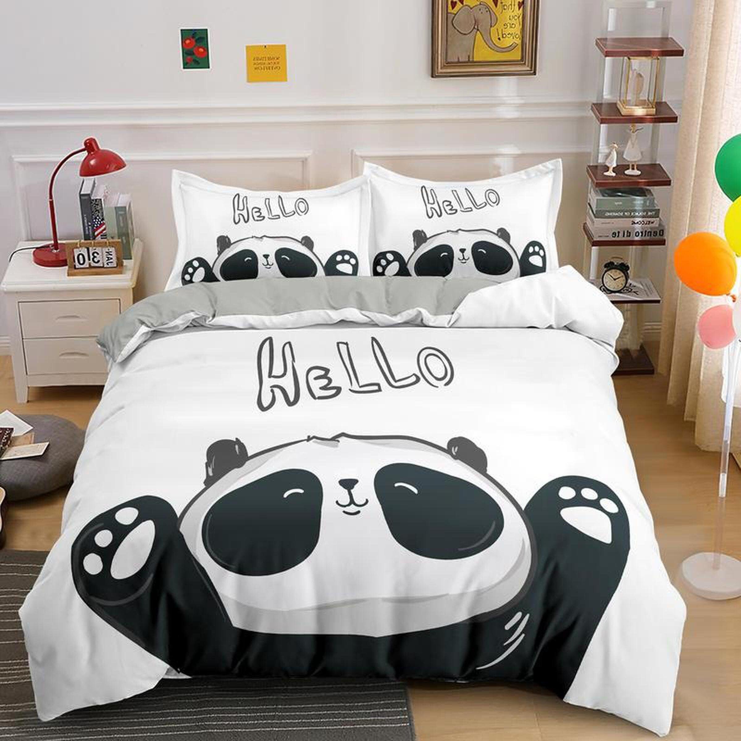 daintyduvet Hello panda duvet cover set for kids, bedding set full, king, queen, dorm bedding, toddler bedding, aesthetic bedspread, panda lovers gift