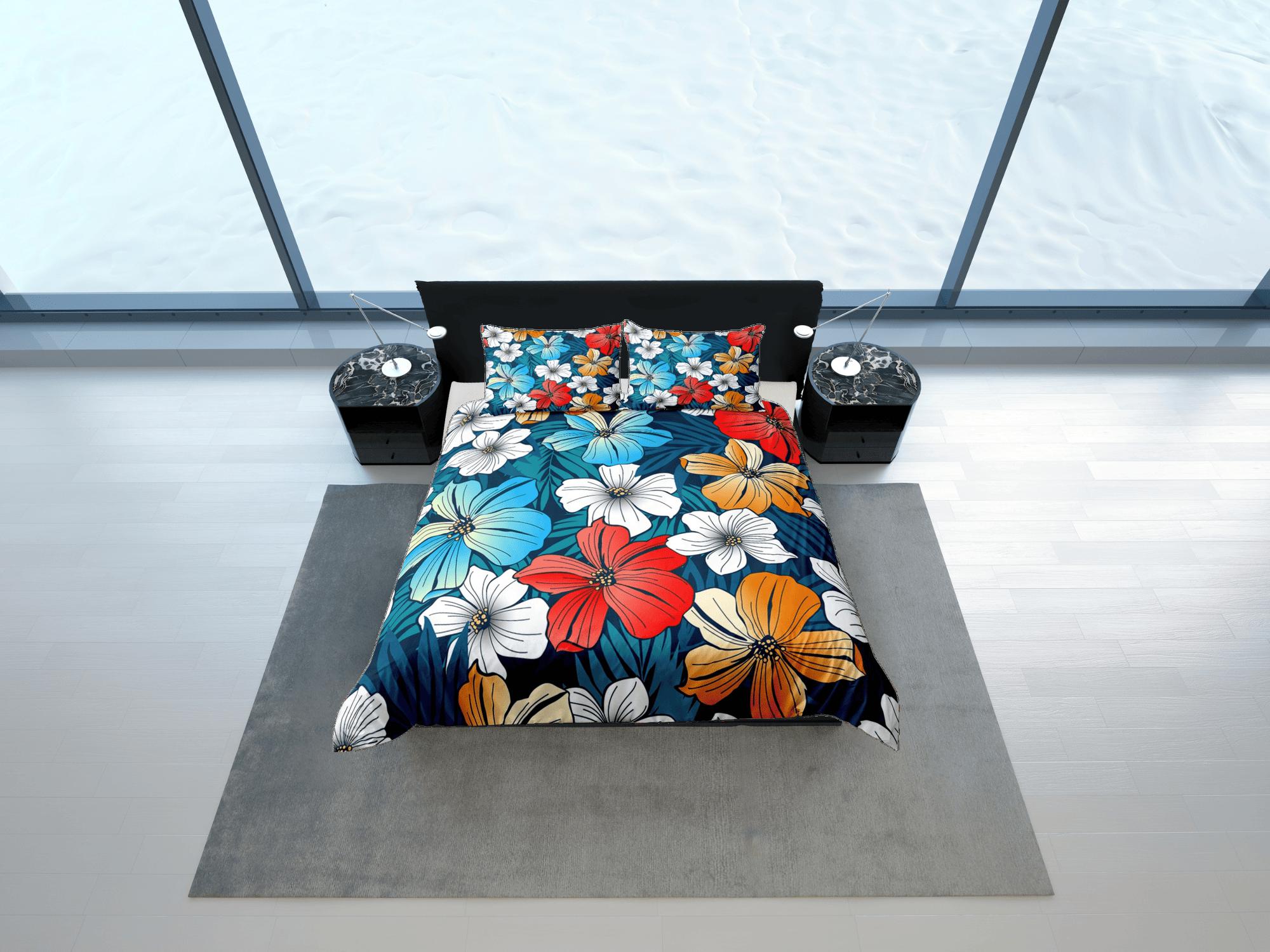 daintyduvet Hibiscus floral bedding blue, luxury duvet cover queen, king, boho duvet, designer bedding, aesthetic bedding, maximalist full size bedding