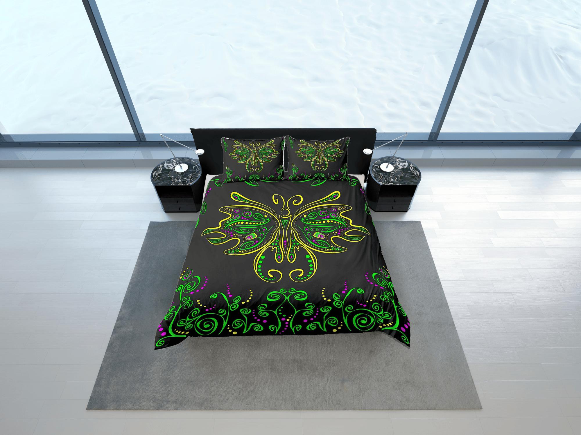 daintyduvet Hippie bedding luna moth green witchy decor dorm bedding, aesthetic duvet, boho bedding set full king queen, tattoo design, black bedspread