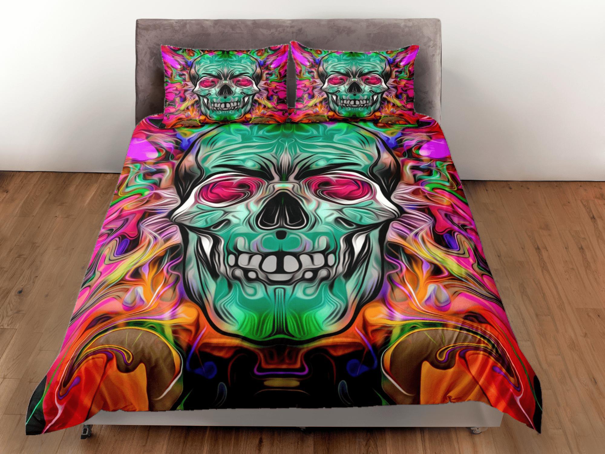 daintyduvet Hippie Neon Colors Duvet Cover Set Colorful Skull Bedspread, Dorm Bedding Pillowcase