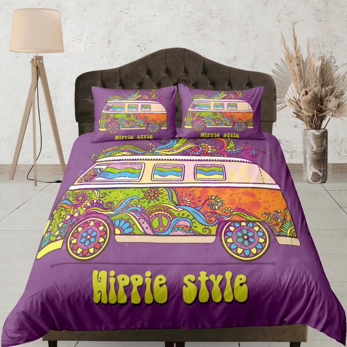 daintyduvet Hippie style colorful bus 90s nostalgia purple bedding retro duvet cover set, colorful bedding teens and adult duvet cover, maximalist decor