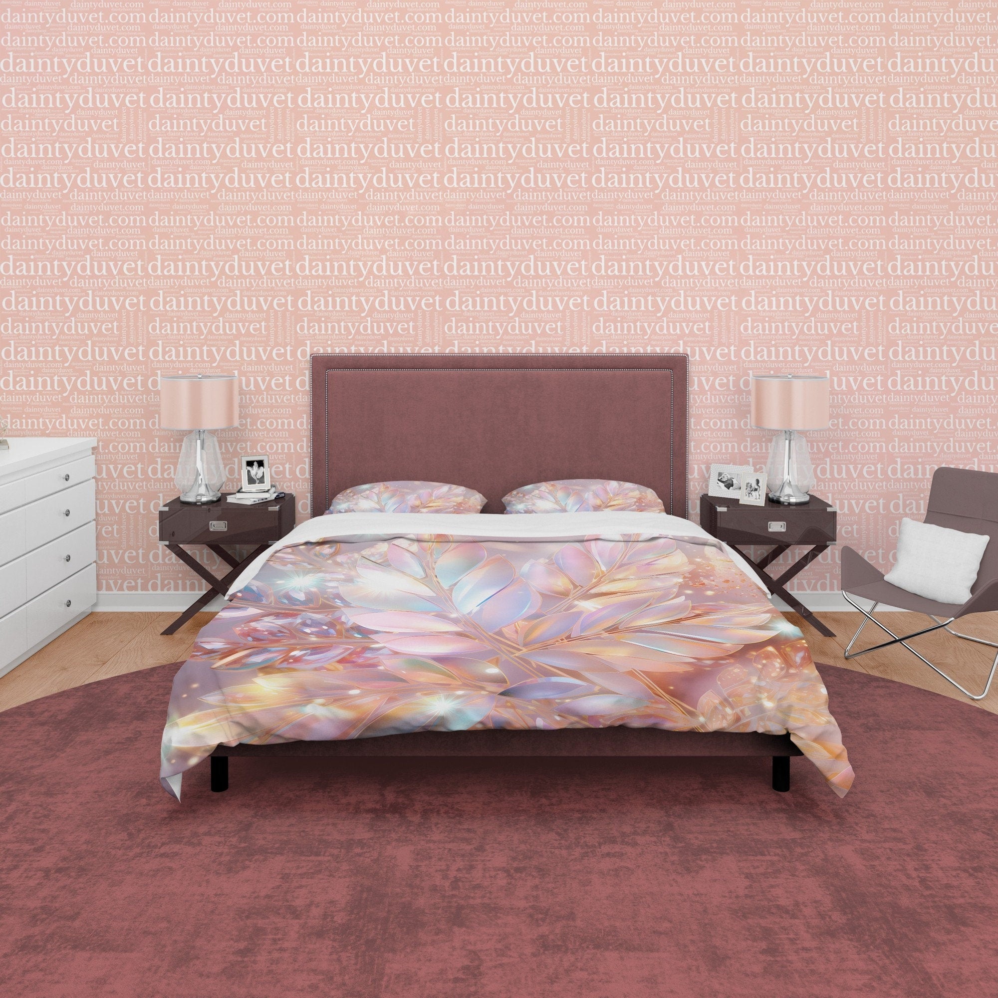 Holographic Botanical Glass Like Plant  Bedding Set Boho Duvet Cover, Leaf Quilt Cover, Moonstone Inspired Bedspread, Galaxy Opal Bed Cover