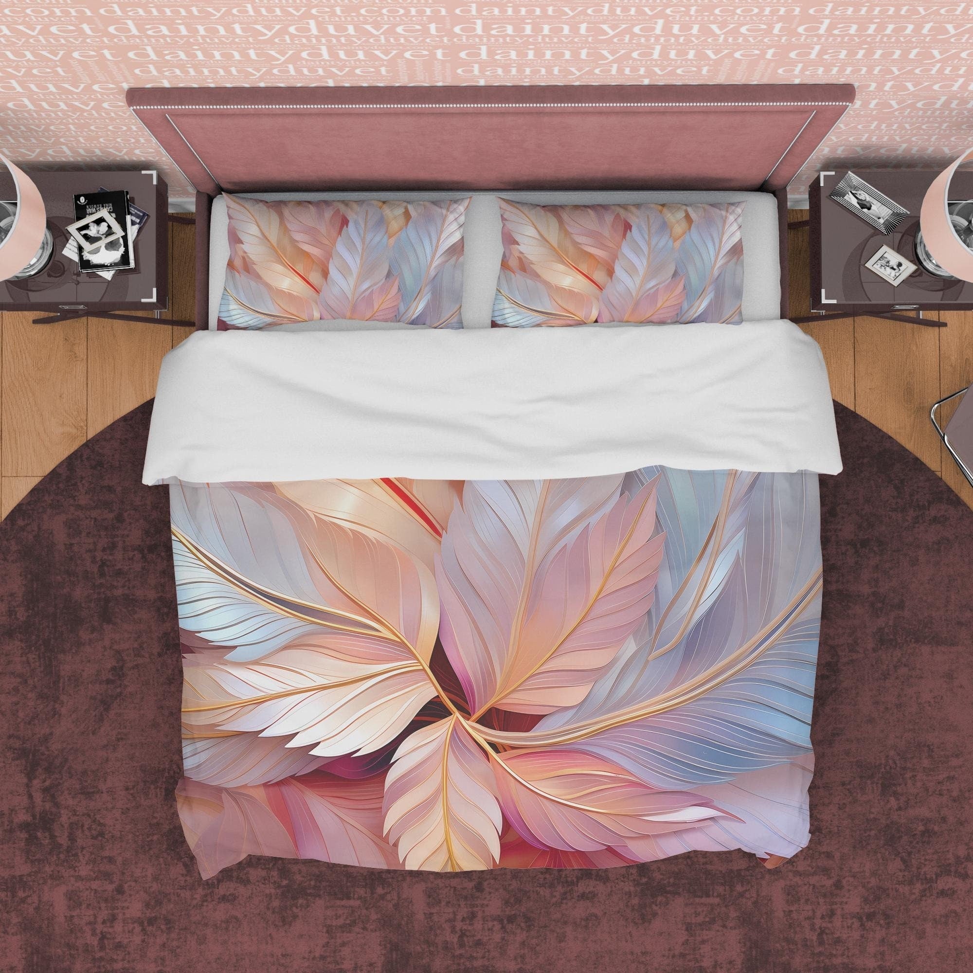 Holographic Crystal Like Bedding Set Boho Duvet Cover, Leaf Quilt Cover, Galaxy Opal Bed Cover, Moonstone Inspired Bedspread, Pastel Color