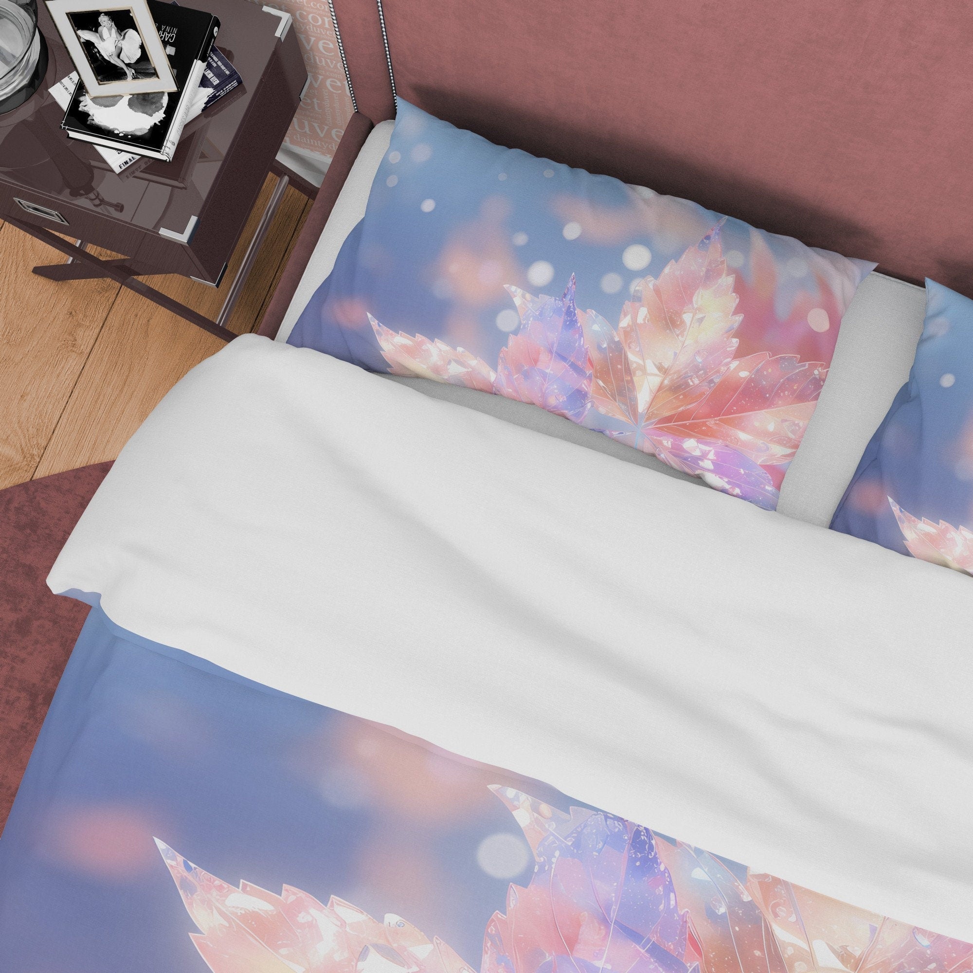 Holographic Glass Like Plant Bedding Set Boho Duvet Cover, Leaf Quilt Cover, Moonstone Inspired Bedspread, Galaxy Opal Bed Cover