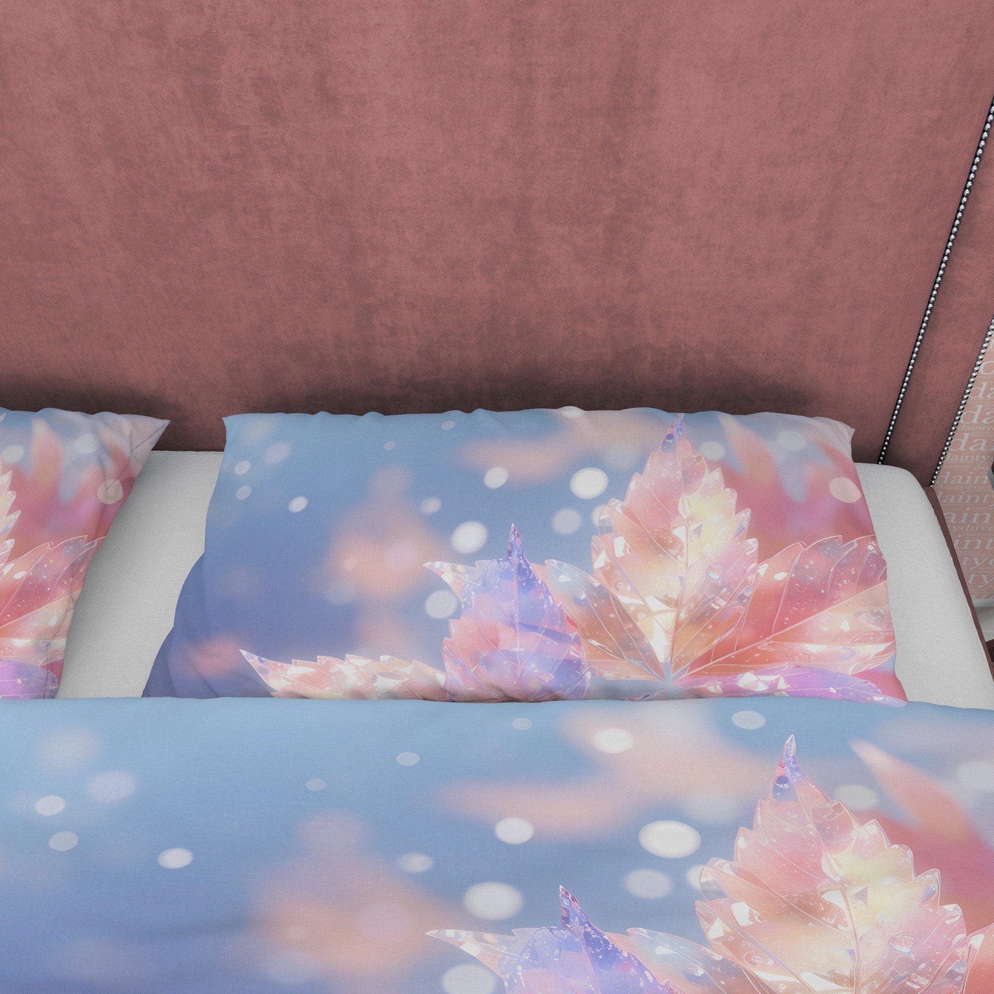 Holographic Glass Like Plant Bedding Set Boho Duvet Cover, Leaf Quilt Cover, Moonstone Inspired Bedspread, Galaxy Opal Bed Cover