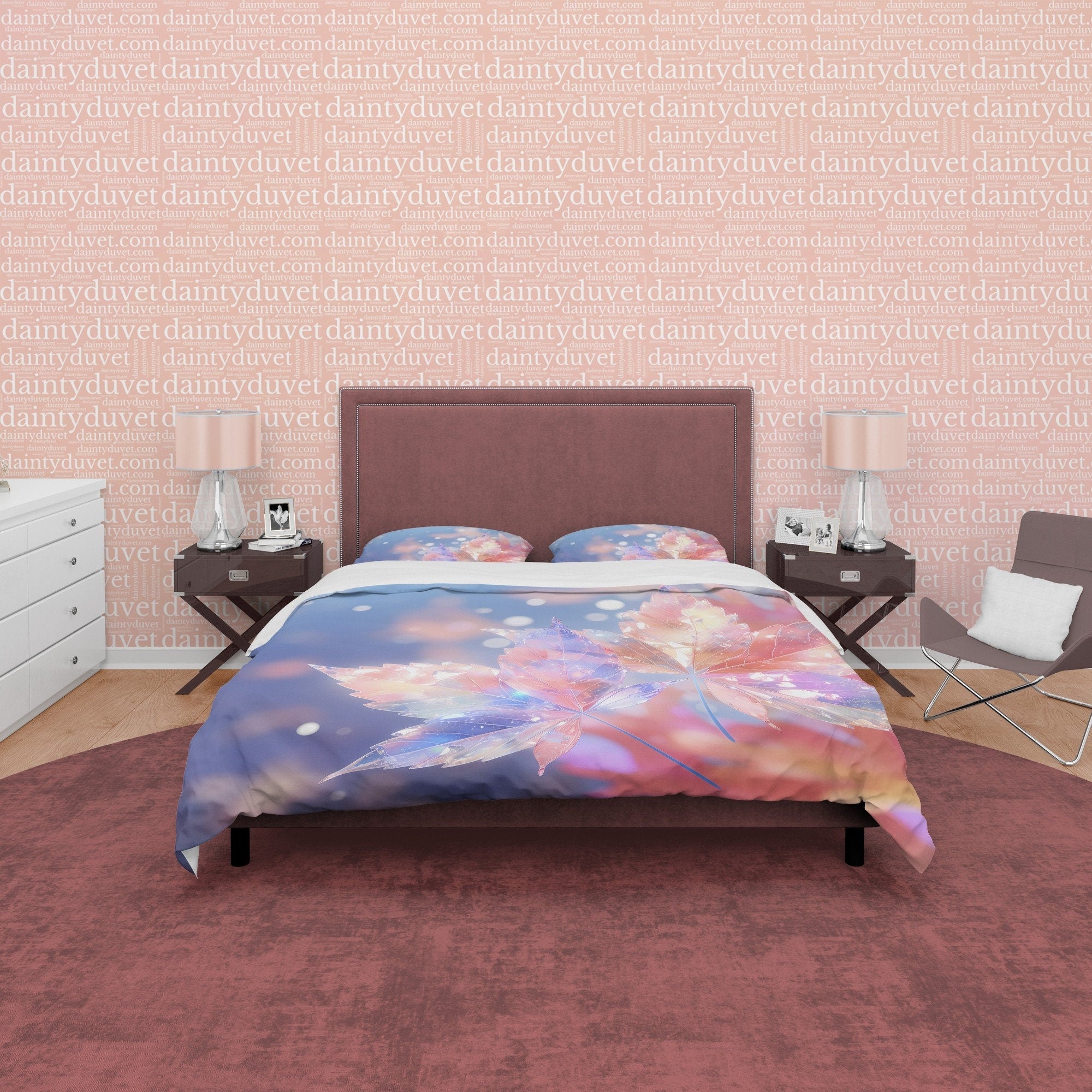 Holographic Glass Like Plant Bedding Set Boho Duvet Cover, Leaf Quilt Cover, Moonstone Inspired Bedspread, Galaxy Opal Bed Cover