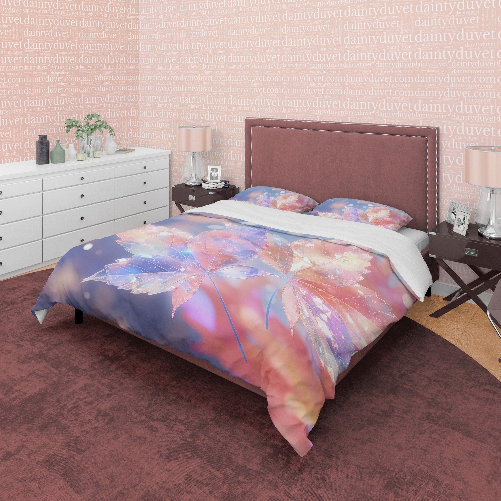 Holographic Glass Like Plant Bedding Set Boho Duvet Cover, Leaf Quilt Cover, Moonstone Inspired Bedspread, Galaxy Opal Bed Cover