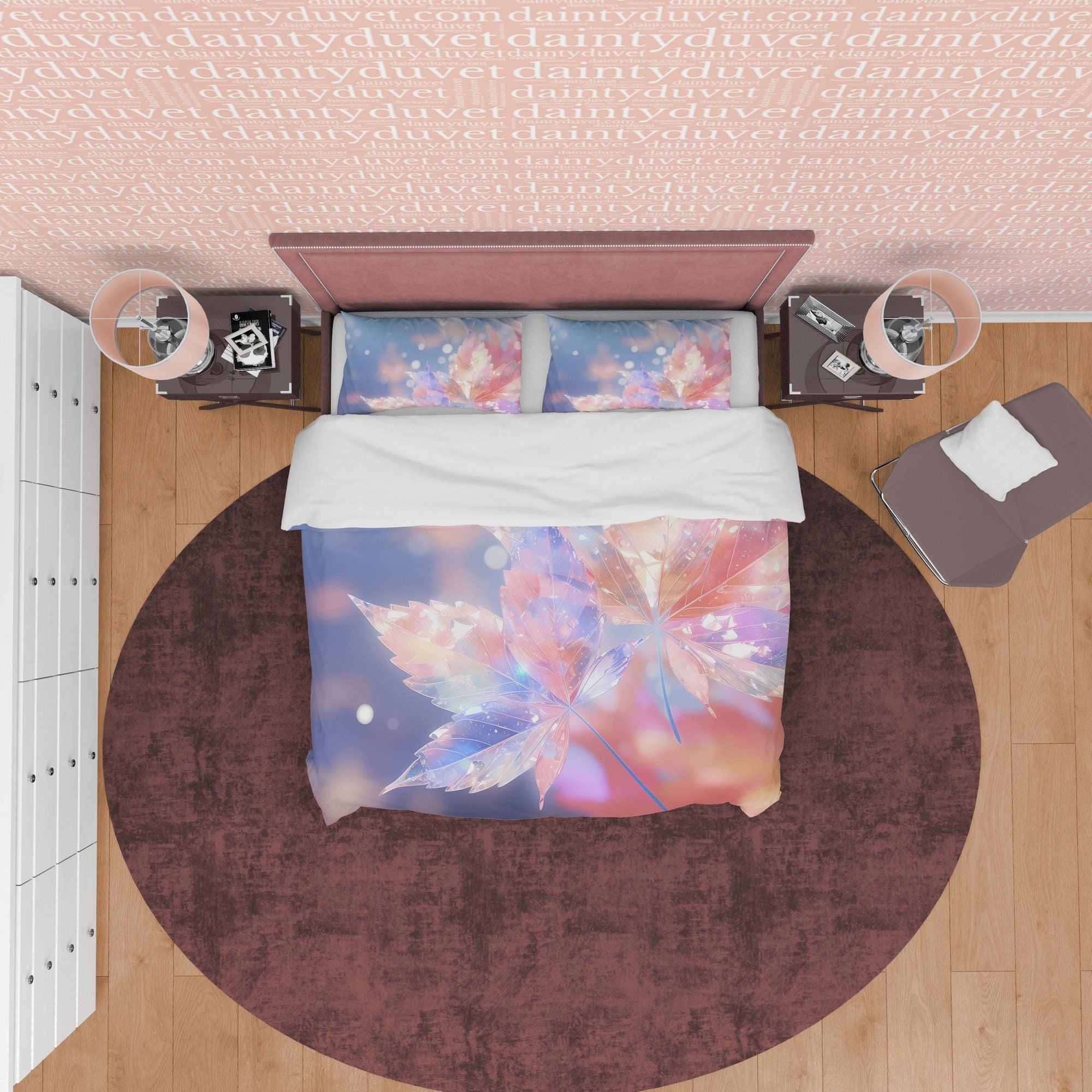 Holographic Glass Like Plant Bedding Set Boho Duvet Cover, Leaf Quilt Cover, Moonstone Inspired Bedspread, Galaxy Opal Bed Cover