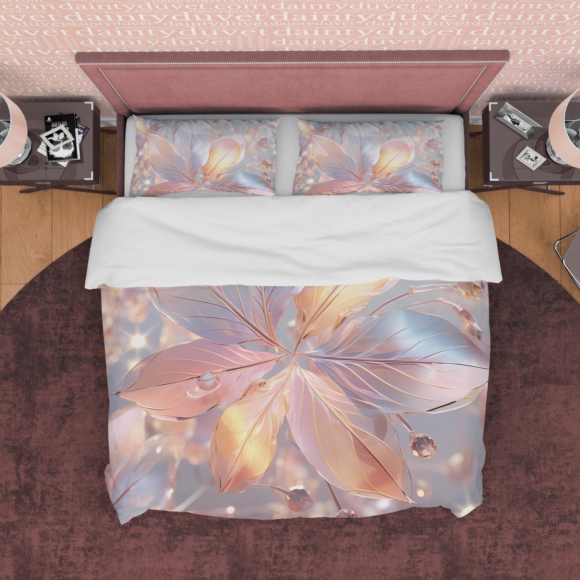 Holographic Water Droplet Bedding Set Boho Duvet Cover, Pastel Color Leaf Quilt Cover, Moonstone Inspired Bedspread, Galaxy Opal Bed Cover