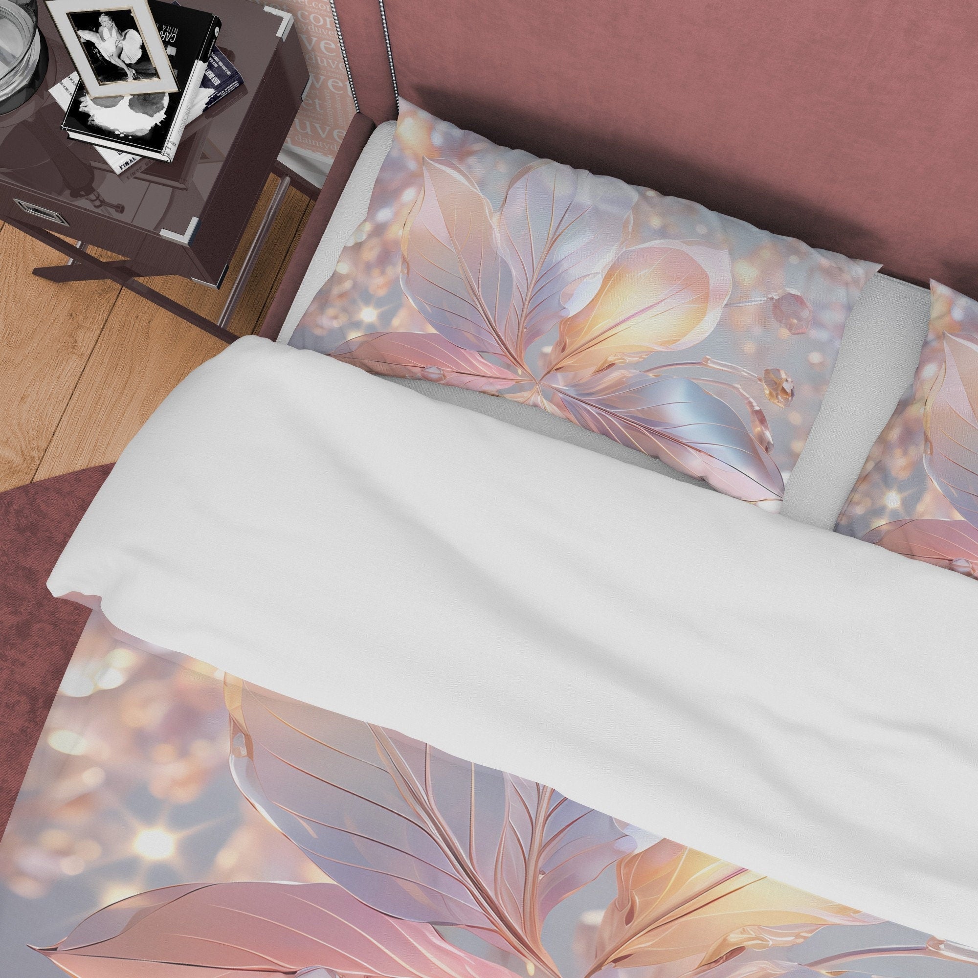 Holographic Water Droplet Bedding Set Boho Duvet Cover, Pastel Color Leaf Quilt Cover, Moonstone Inspired Bedspread, Galaxy Opal Bed Cover