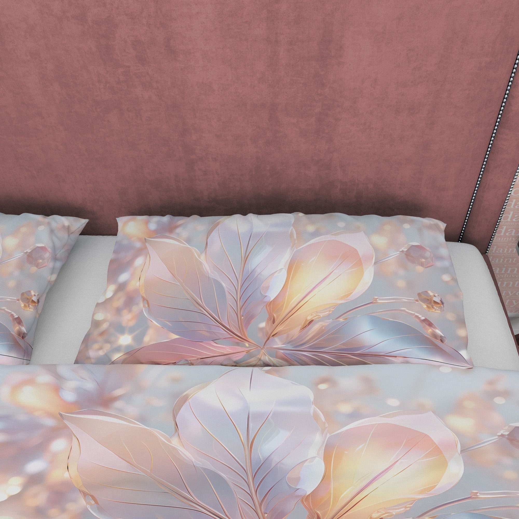 Holographic Water Droplet Bedding Set Boho Duvet Cover, Pastel Color Leaf Quilt Cover, Moonstone Inspired Bedspread, Galaxy Opal Bed Cover