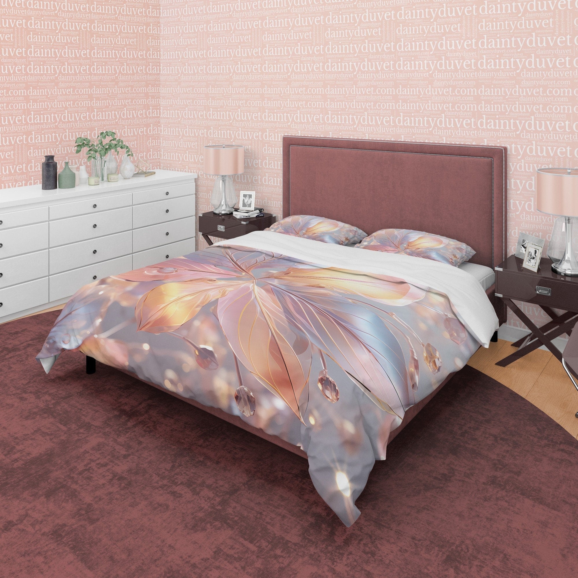 Holographic Water Droplet Bedding Set Boho Duvet Cover, Pastel Color Leaf Quilt Cover, Moonstone Inspired Bedspread, Galaxy Opal Bed Cover