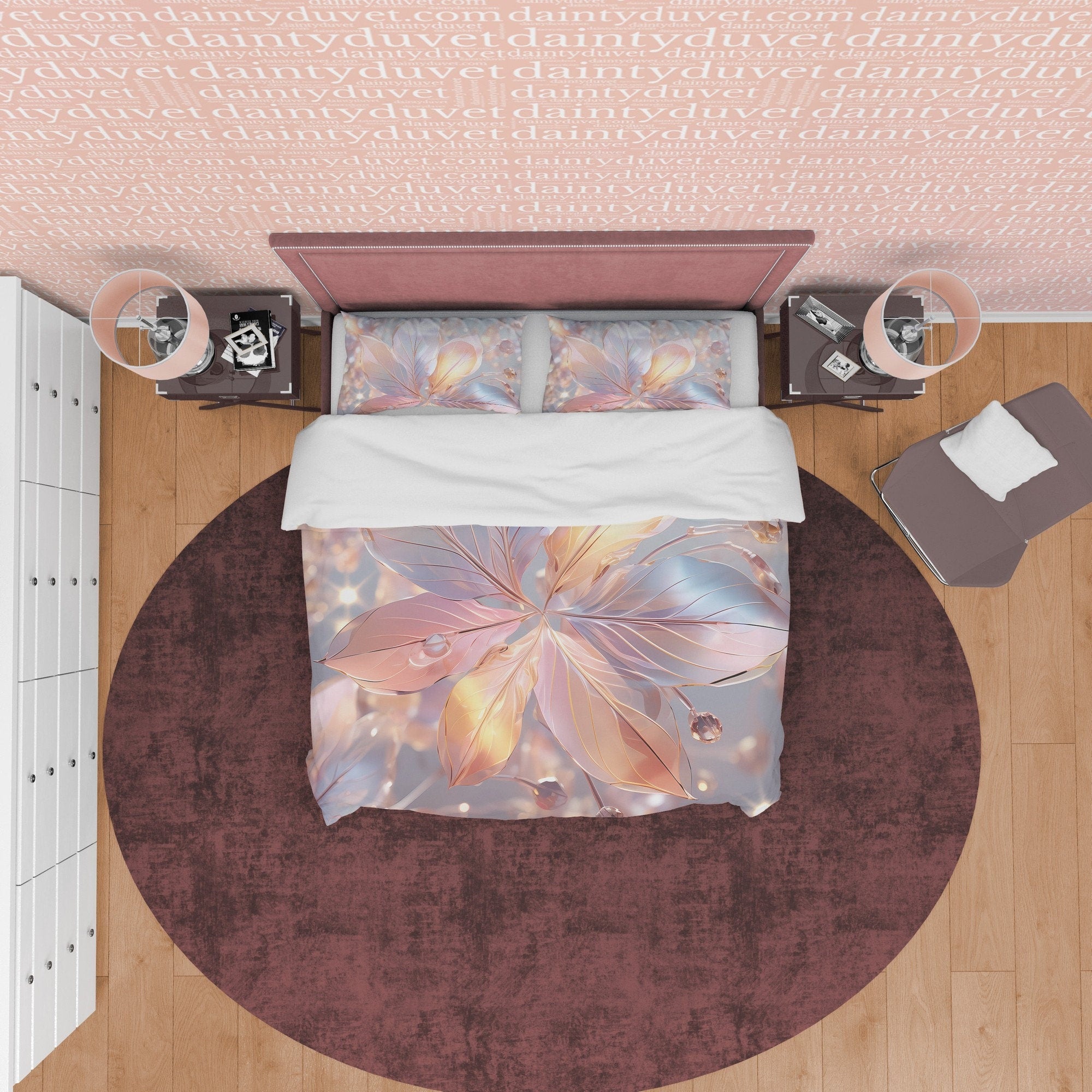 Holographic Water Droplet Bedding Set Boho Duvet Cover, Pastel Color Leaf Quilt Cover, Moonstone Inspired Bedspread, Galaxy Opal Bed Cover