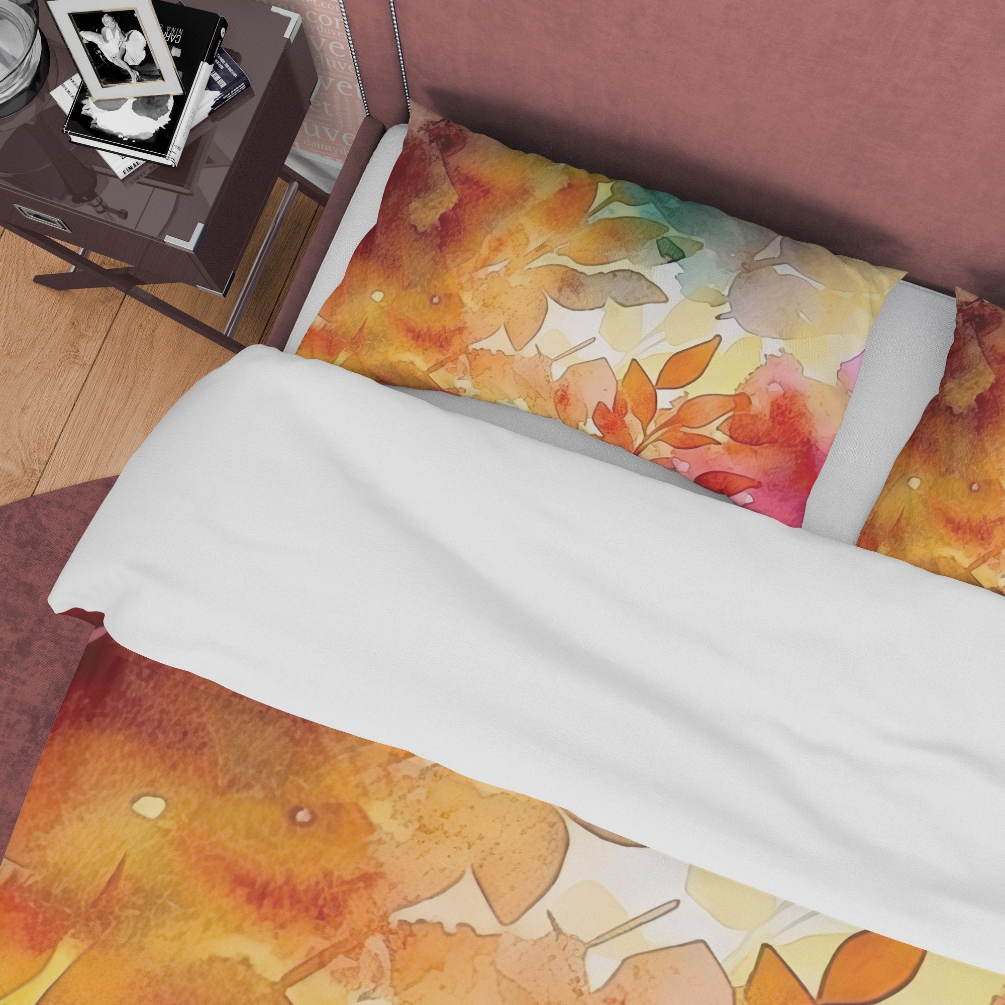 Hot Orange Plant Leaf Autumn Duvet Cover Fall Bedding Set, Rustic Neutral Colors Aesthetic Quilt Cover, Boho Bedspread, Printed Bed Cover