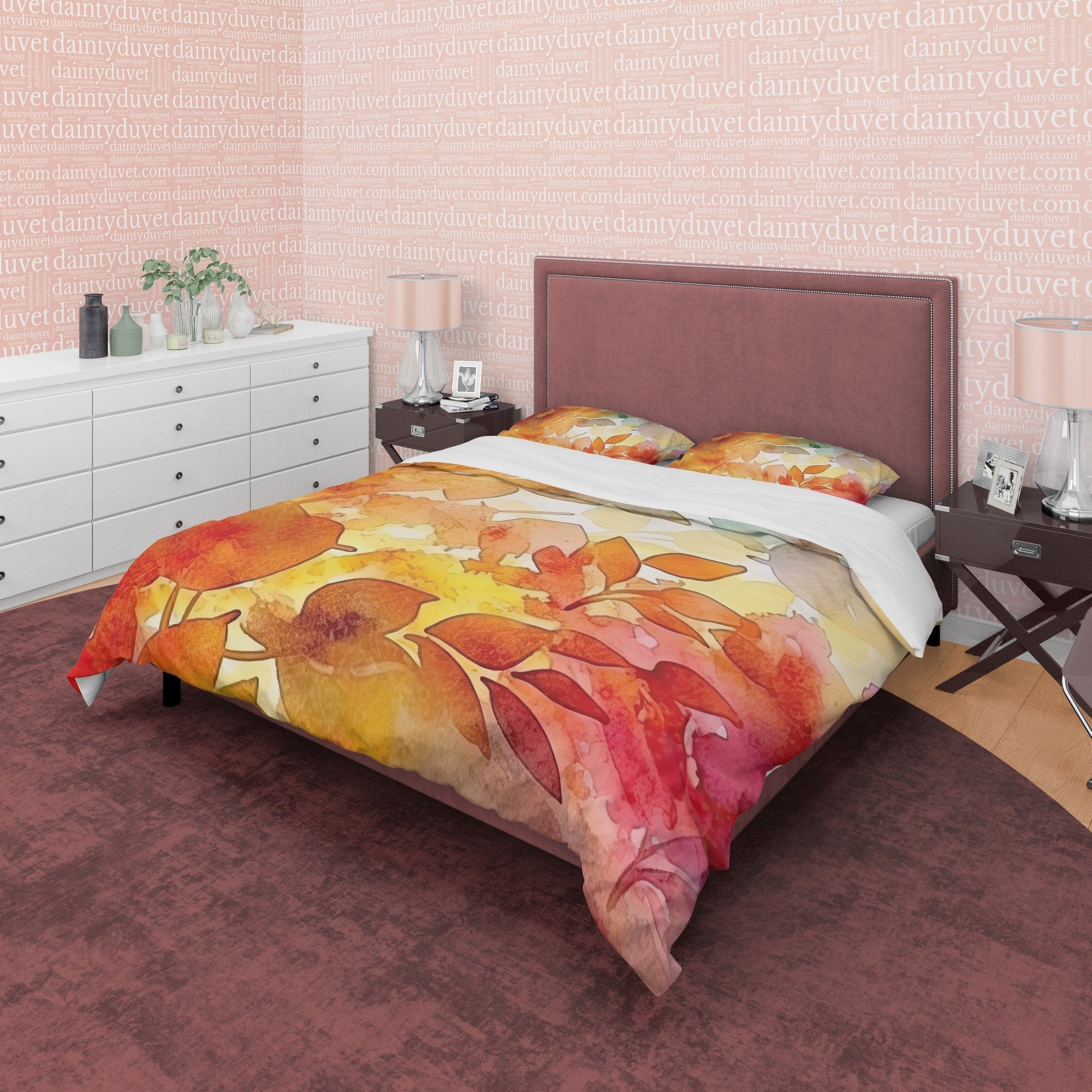 Hot Orange Plant Leaf Autumn Duvet Cover Fall Bedding Set, Rustic Neutral Colors Aesthetic Quilt Cover, Boho Bedspread, Printed Bed Cover