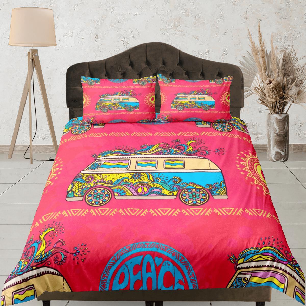 daintyduvet Hot pink 90s nostalgia colorful bus peace hippie bedding, retro duvet cover set, dorm bedding, teens and adult duvet cover, maximalist decor