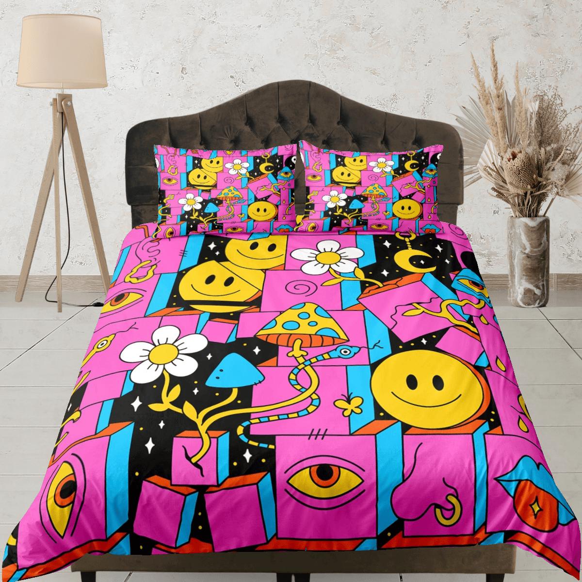 daintyduvet Hot pink psychedelic 90s nostalgia hippie bedding retro duvet cover set, colorful bedding, teens and adult duvet cover, maximalist decor