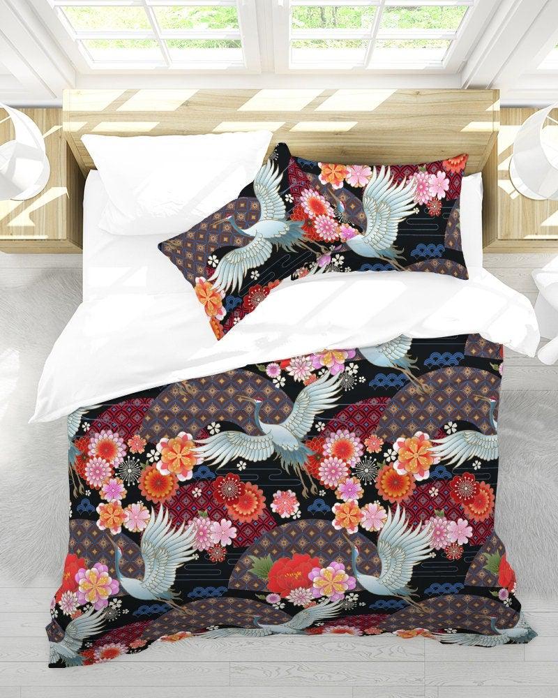 daintyduvet Japanese Black Duvet Cover Set, Floral Kimono & Crane Bird Bedding Set with Pillow Cover Case