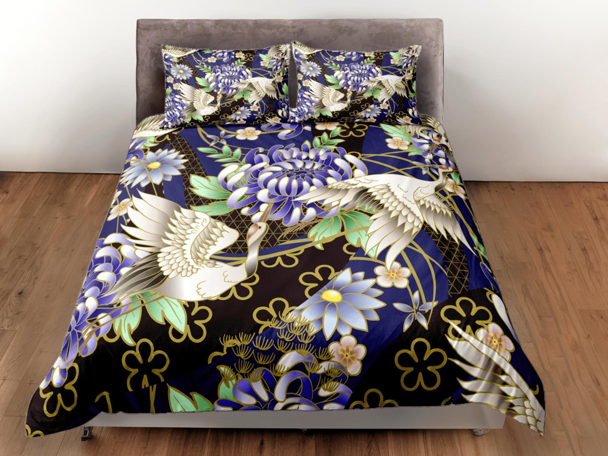 daintyduvet Japanese Crane Bird Floral Duvet Cover Set Colorful Bedspread, Dorm Bedding with Pillowcase, Single