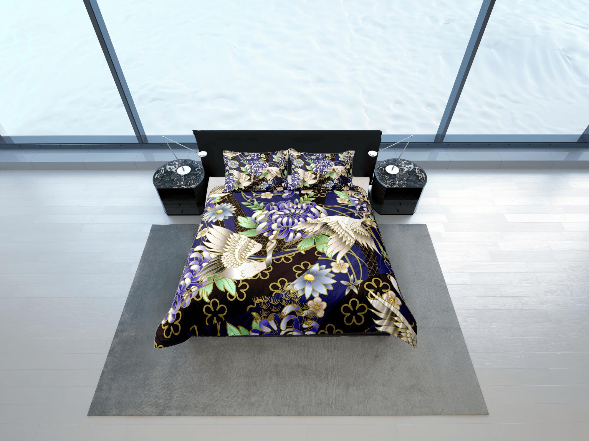 daintyduvet Japanese Crane Bird Floral Duvet Cover Set Colorful Bedspread, Dorm Bedding with Pillowcase, Single