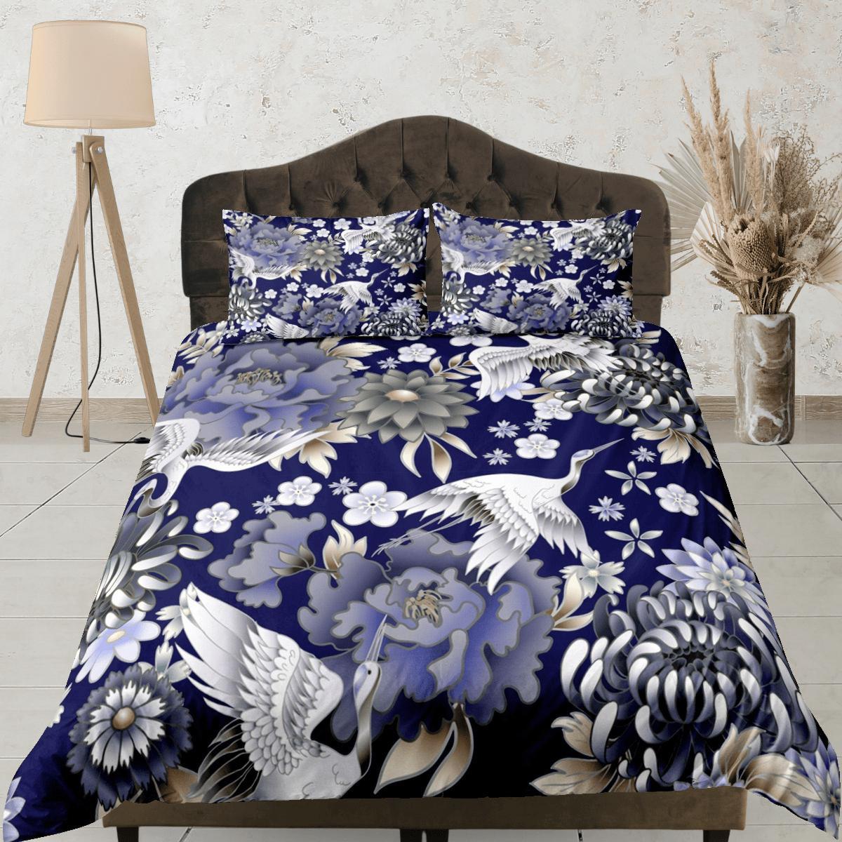 daintyduvet Japanese Crane Blue Duvet Cover Set Colorful Bedspread, Dorm Bedding with Pillowcase