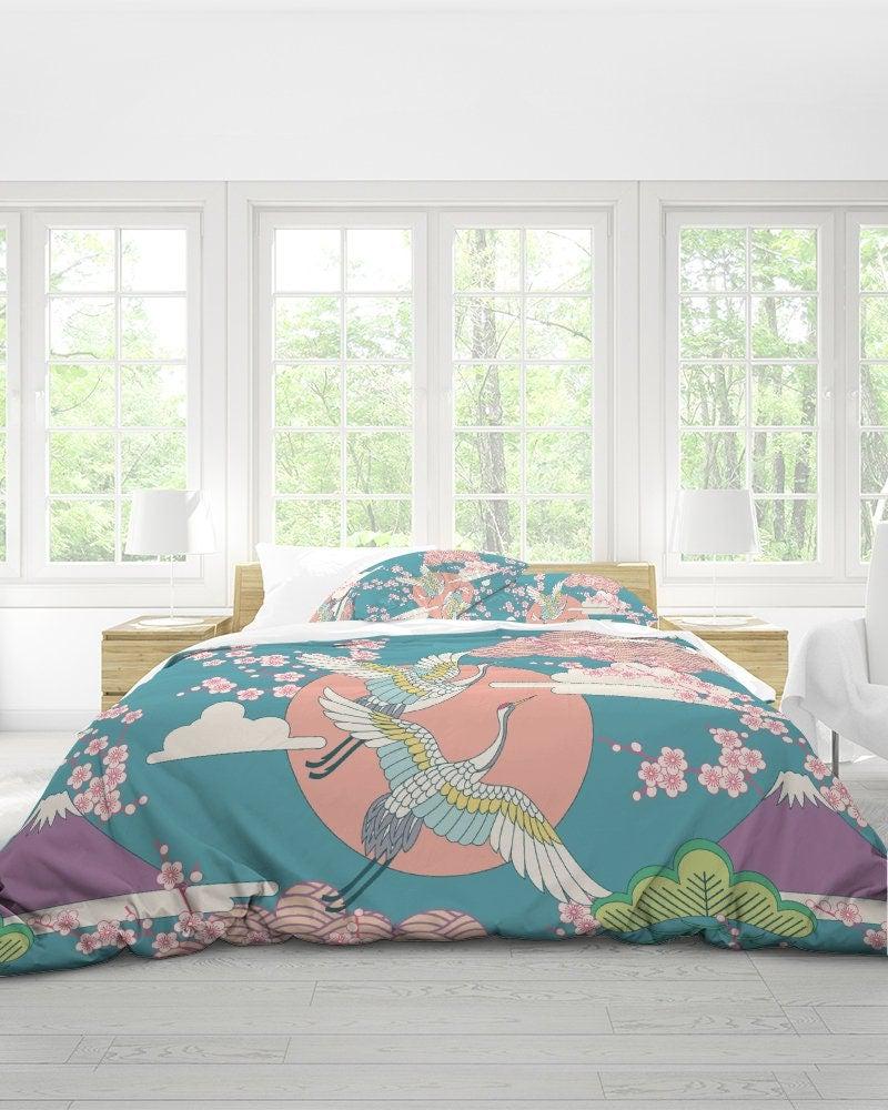 daintyduvet Japanese Duvet Cover Cherry Blossom Floral Bedding Set with Pillow Cover Case