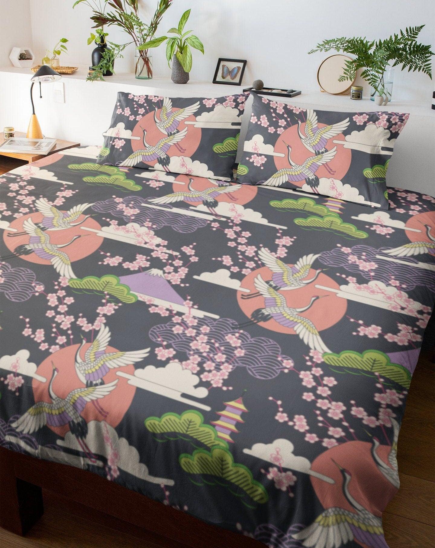 daintyduvet Japanese Grey Duvet Cover Set, Crane Bird & Cherry Blossoms Design Bedding Set with Pillow Cover Case