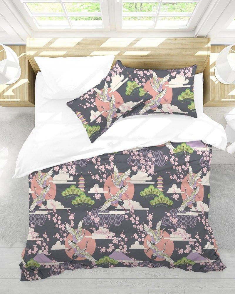 daintyduvet Japanese Grey Duvet Cover Set, Crane Bird & Cherry Blossoms Design Bedding Set with Pillow Cover Case