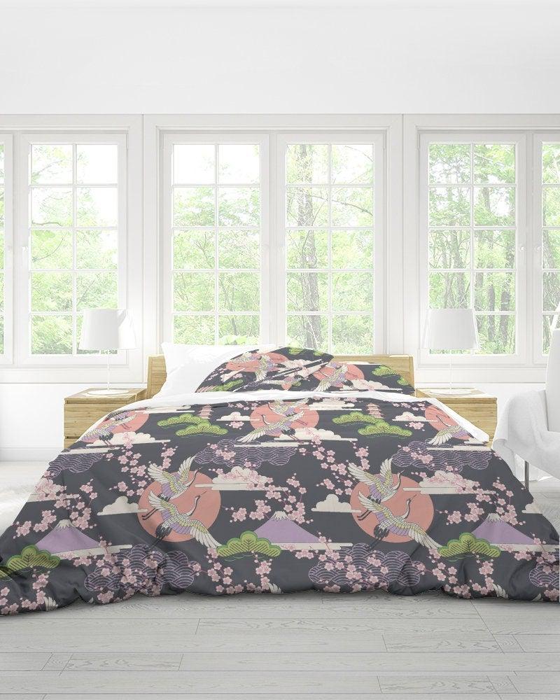 daintyduvet Japanese Grey Duvet Cover Set, Crane Bird & Cherry Blossoms Design Bedding Set with Pillow Cover Case