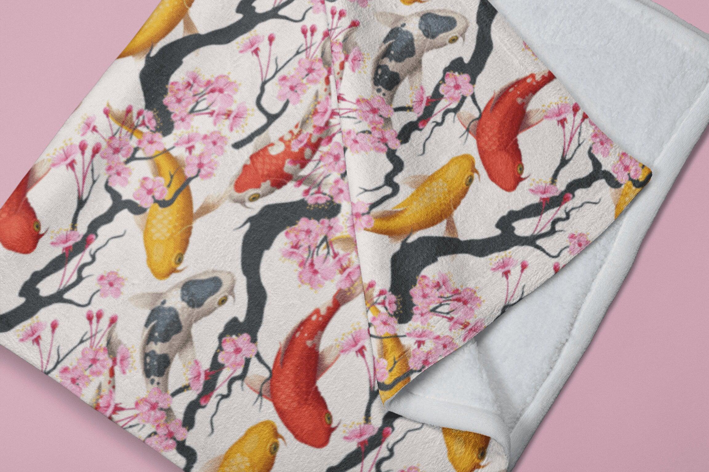 daintyduvet Japanese Koi Fish Cherry Blossoms Soft Fluffy Velvet Flannel Fleece Throw Blanket