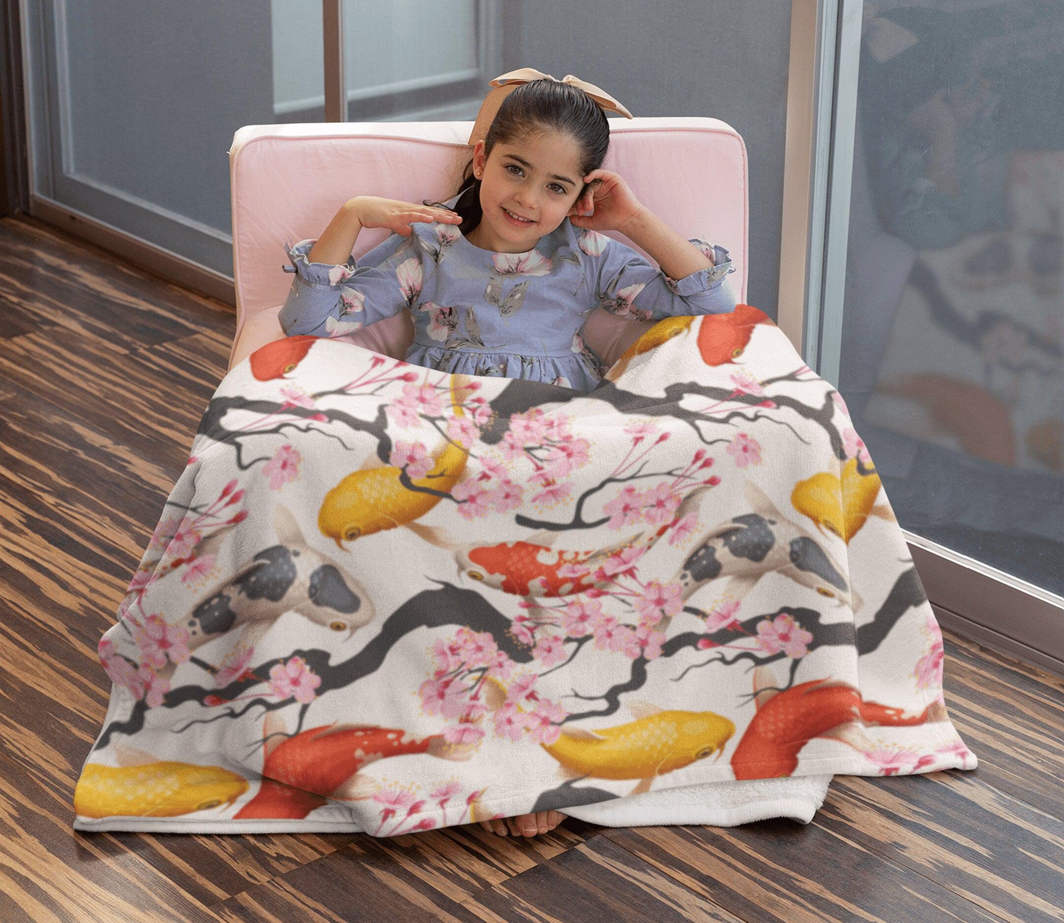 daintyduvet Japanese Koi Fish Cherry Blossoms Soft Fluffy Velvet Flannel Fleece Throw Blanket