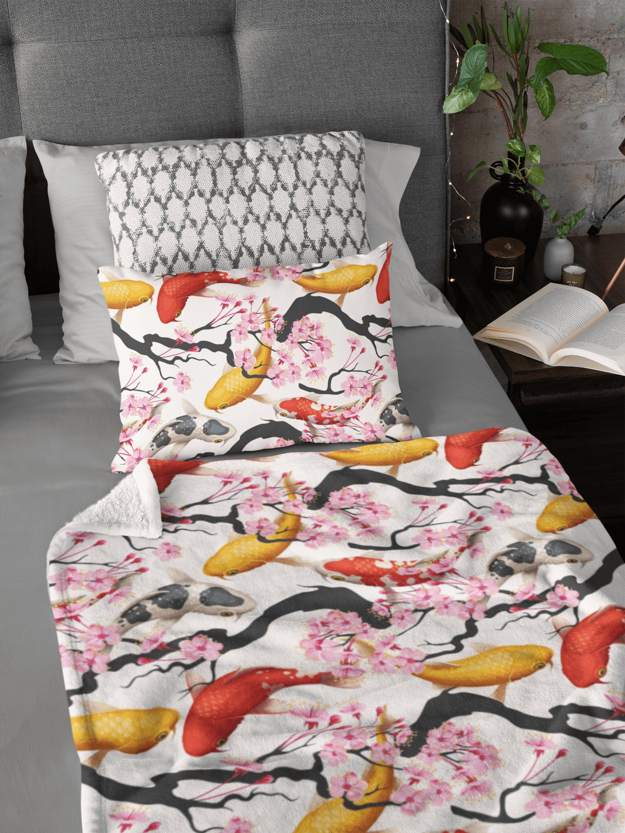 daintyduvet Japanese Koi Fish Cherry Blossoms Soft Fluffy Velvet Flannel Fleece Throw Blanket