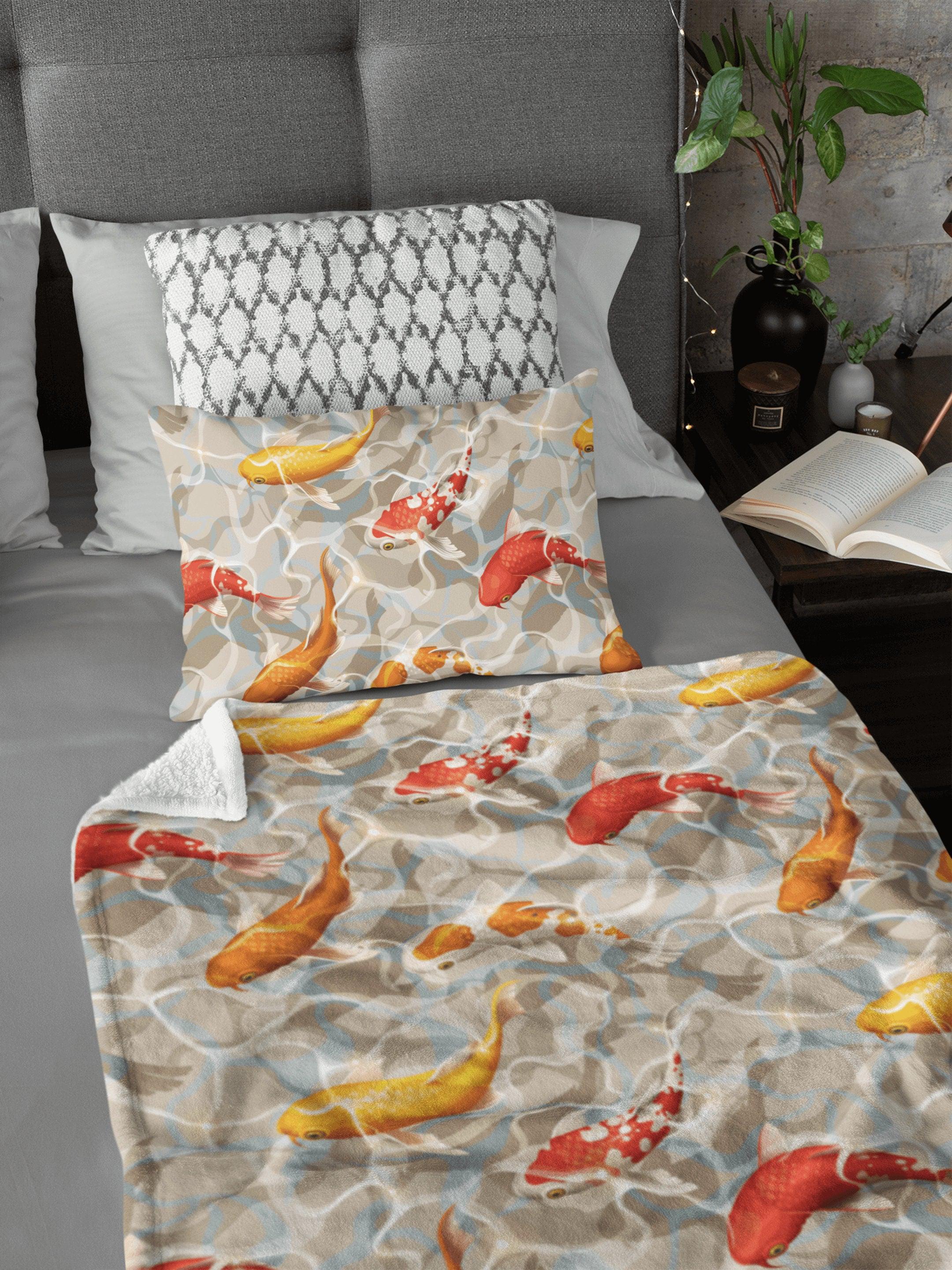 daintyduvet Japanese Koi Fish in Pond Beige Soft Fluffy Velvet Flannel Fleece Throw Blanket