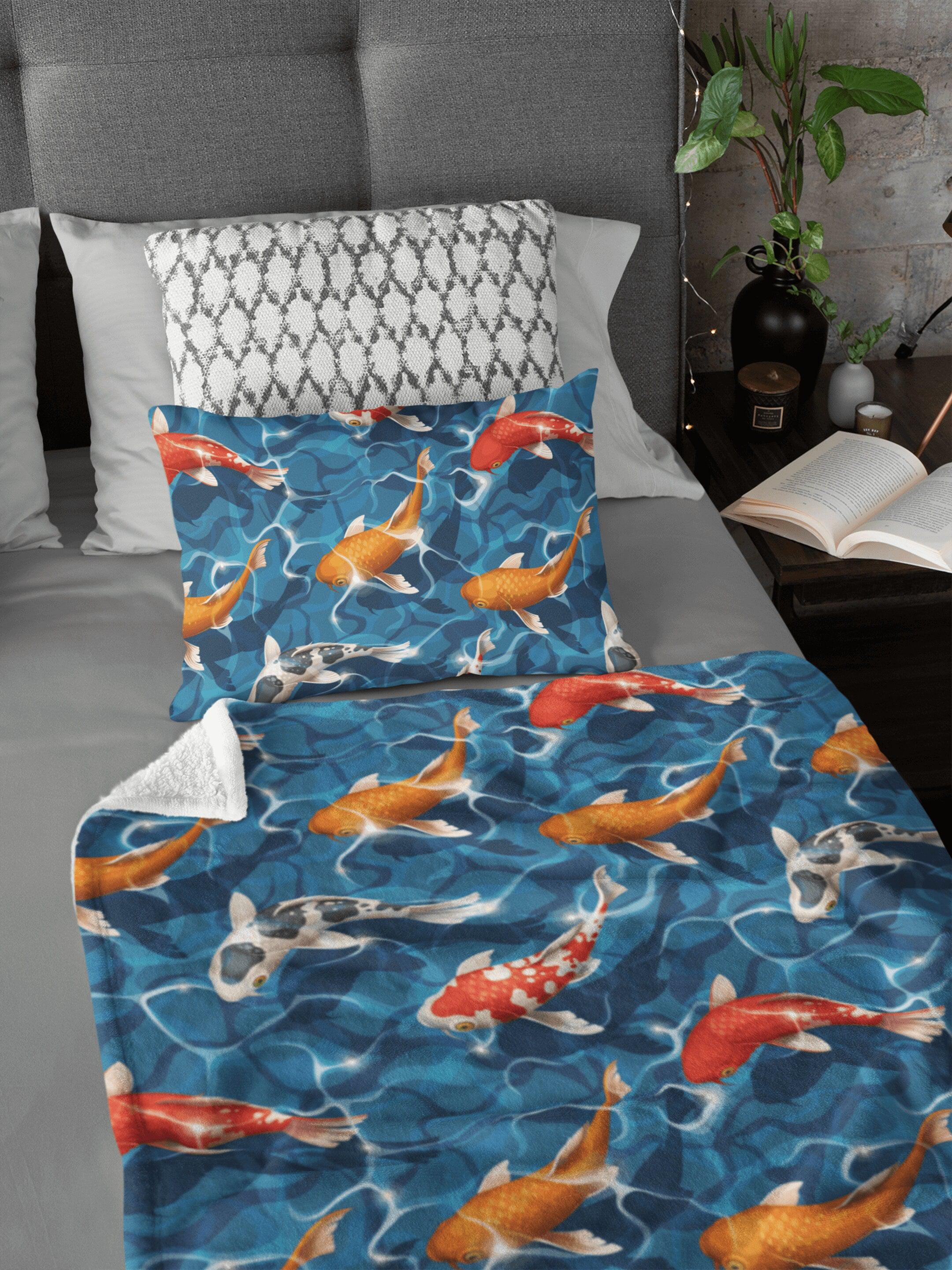 daintyduvet Japanese Koi Fish in Pond Blue Soft Fluffy Velvet Flannel Fleece Throw Blanket
