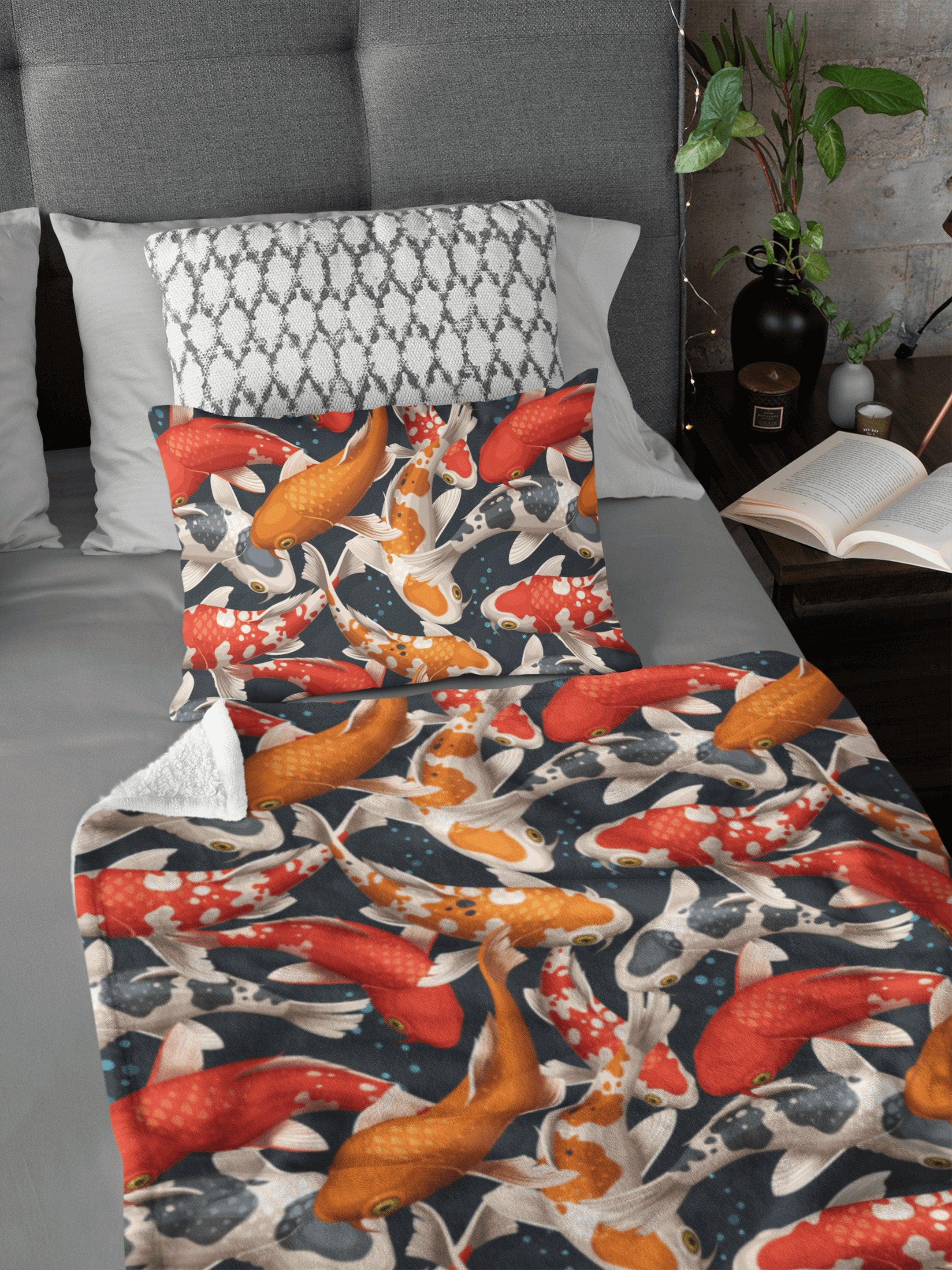 daintyduvet Japanese Koi Fish Orange Grey Soft Fluffy Velvet Flannel Fleece Throw Blanket