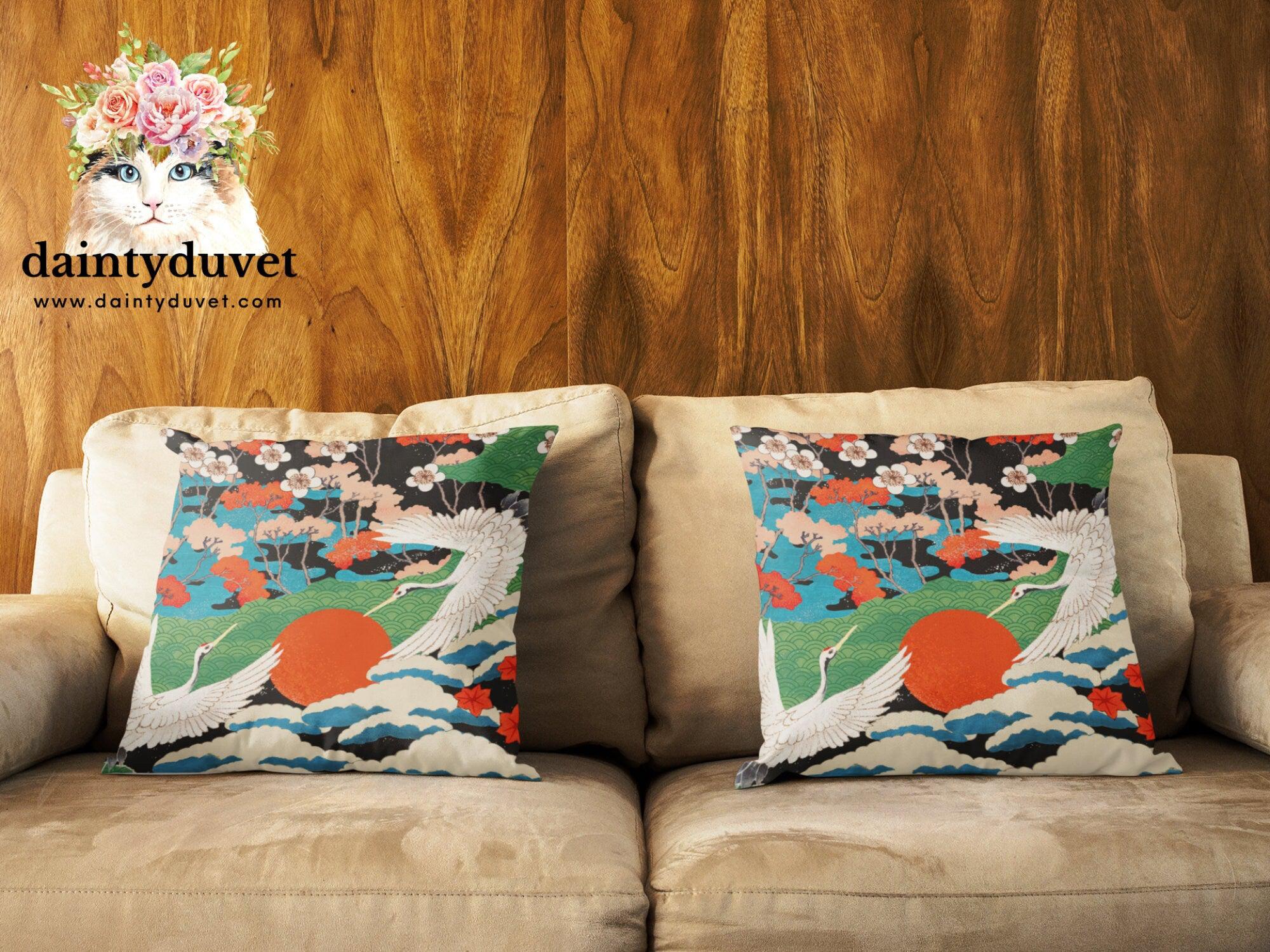 daintyduvet Japanese Painting Pillowcase, Cushion Cover Japanese Art Decor Crane, Decorative Square Pillow Cover Japanese Fabric