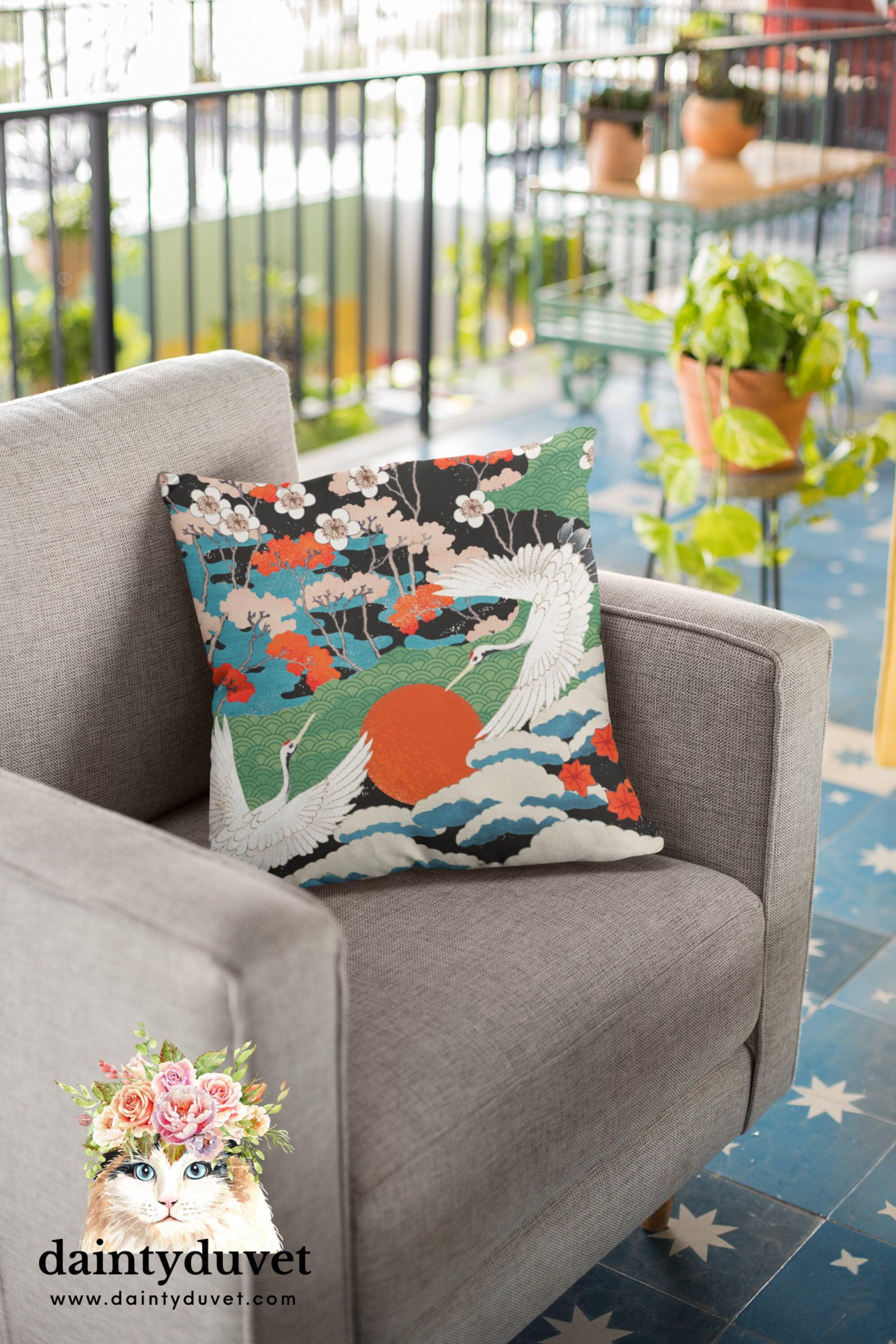 daintyduvet Japanese Painting Pillowcase, Cushion Cover Japanese Art Decor Crane, Decorative Square Pillow Cover Japanese Fabric