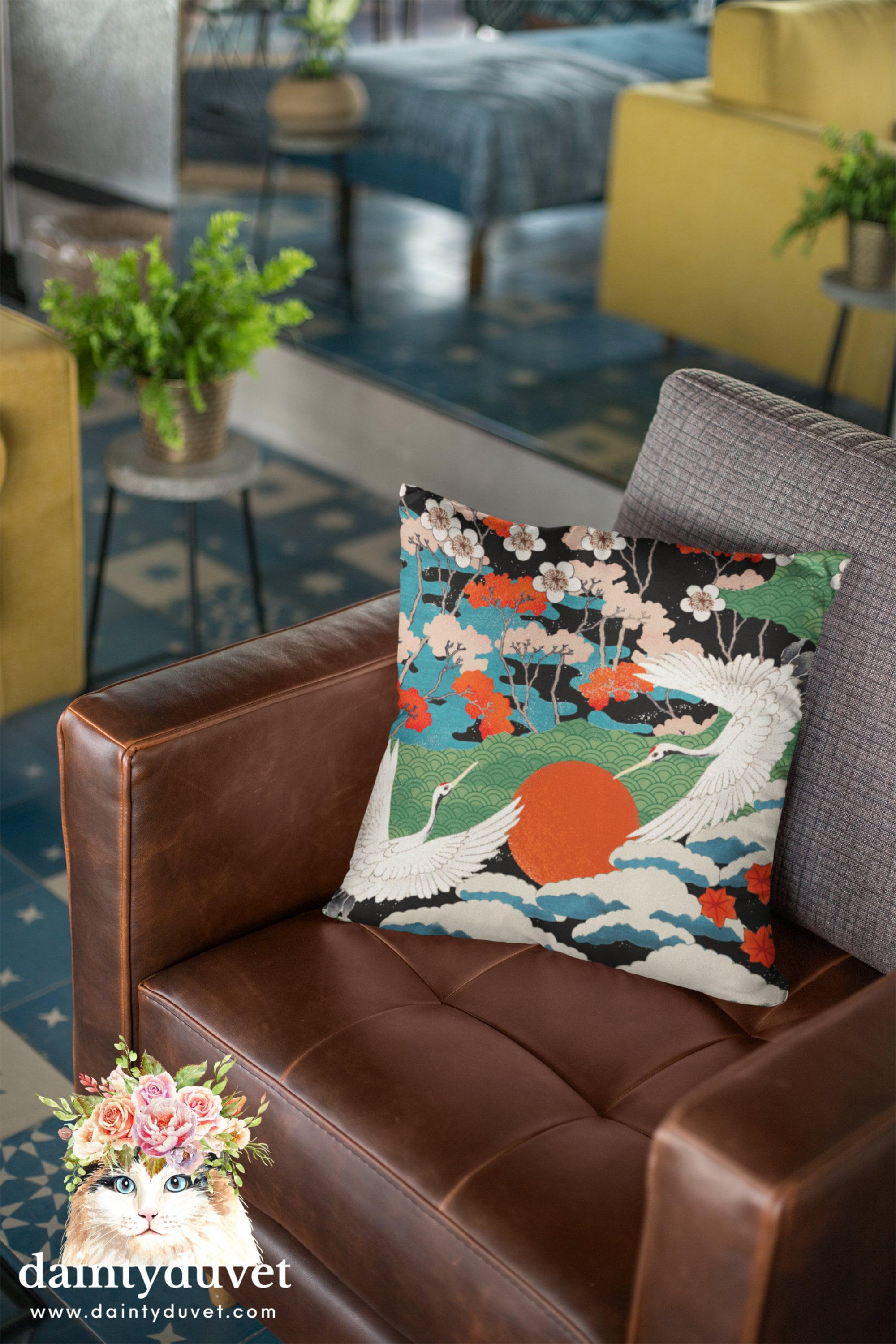 daintyduvet Japanese Painting Pillowcase, Cushion Cover Japanese Art Decor Crane, Decorative Square Pillow Cover Japanese Fabric