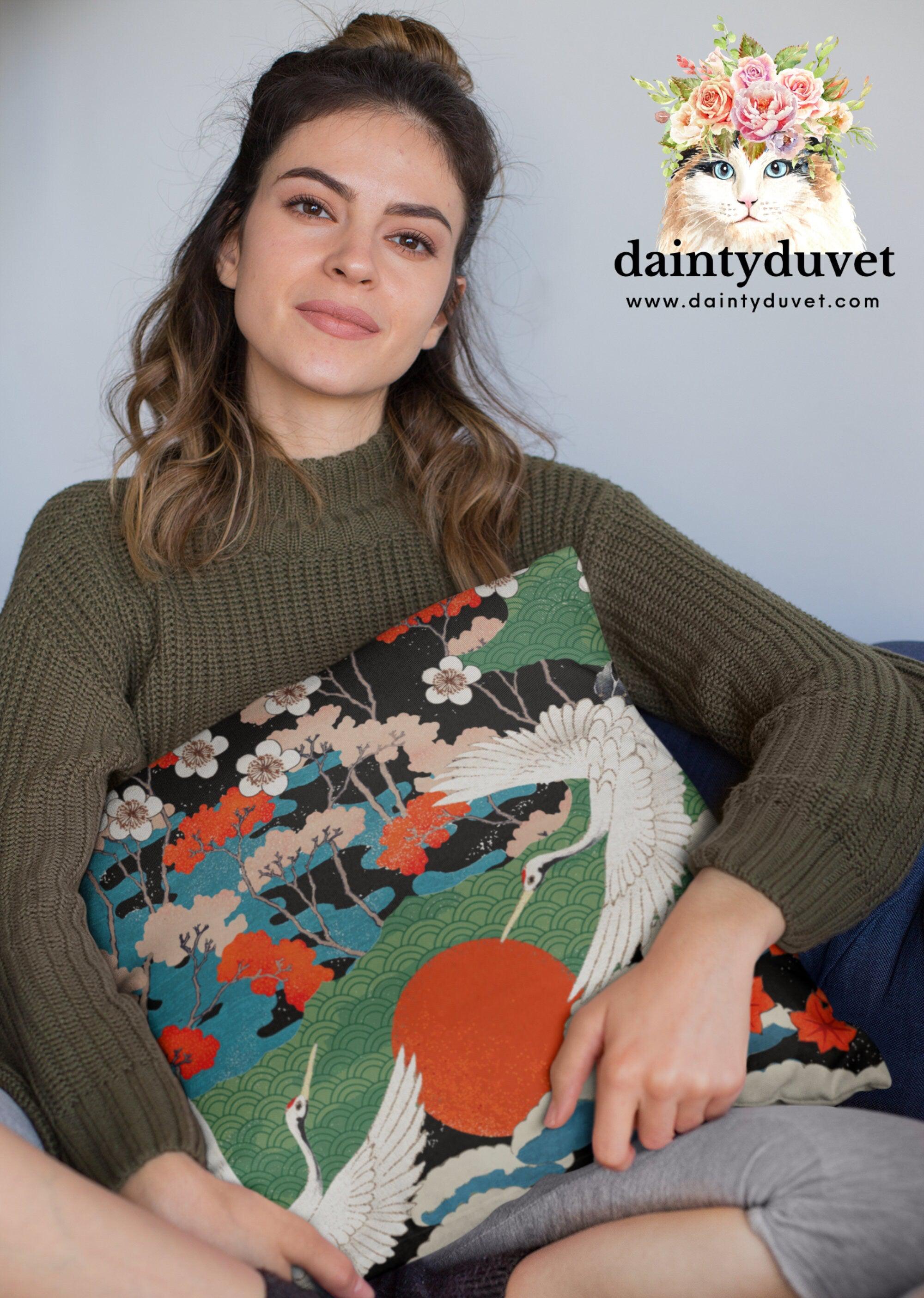 daintyduvet Japanese Painting Pillowcase, Cushion Cover Japanese Art Decor Crane, Decorative Square Pillow Cover Japanese Fabric