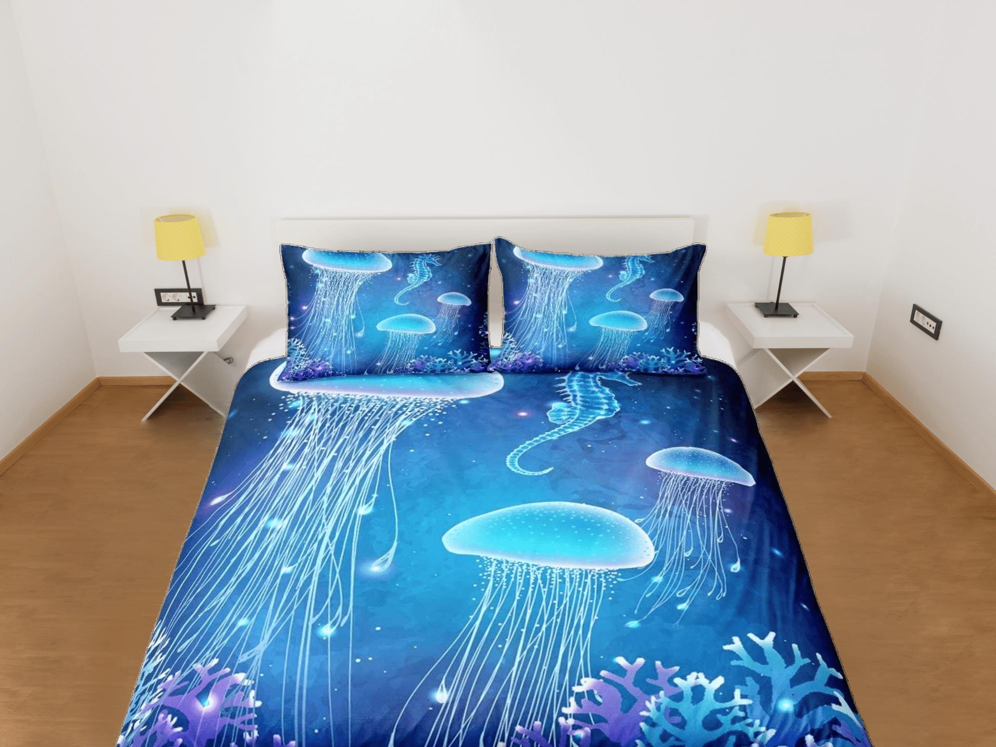 daintyduvet Jellyfish and sea horse bedding purple blue duvet cover, ocean blush sea animal bedding set full king queen twin crib toddler, dorm bedding