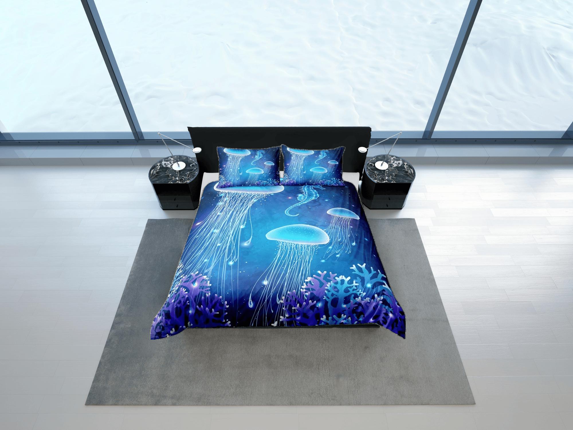 daintyduvet Jellyfish and sea horse bedding purple blue duvet cover, ocean blush sea animal bedding set full king queen twin crib toddler, dorm bedding